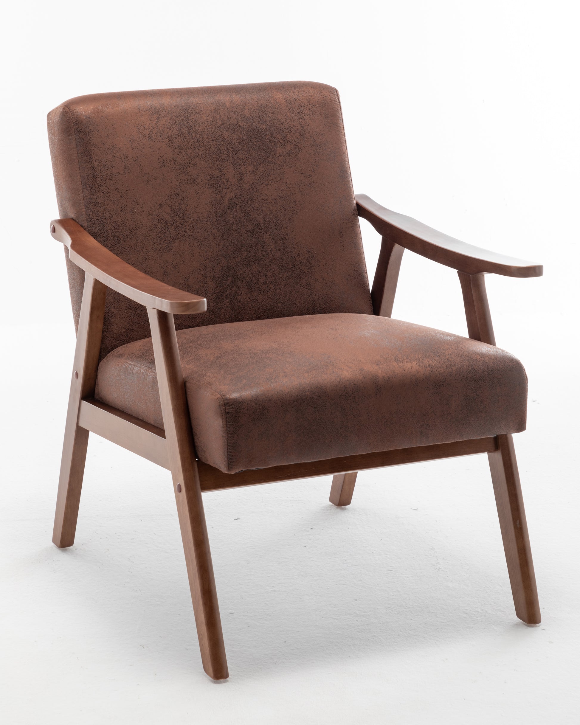 Brown suede accent chair with wooden frame