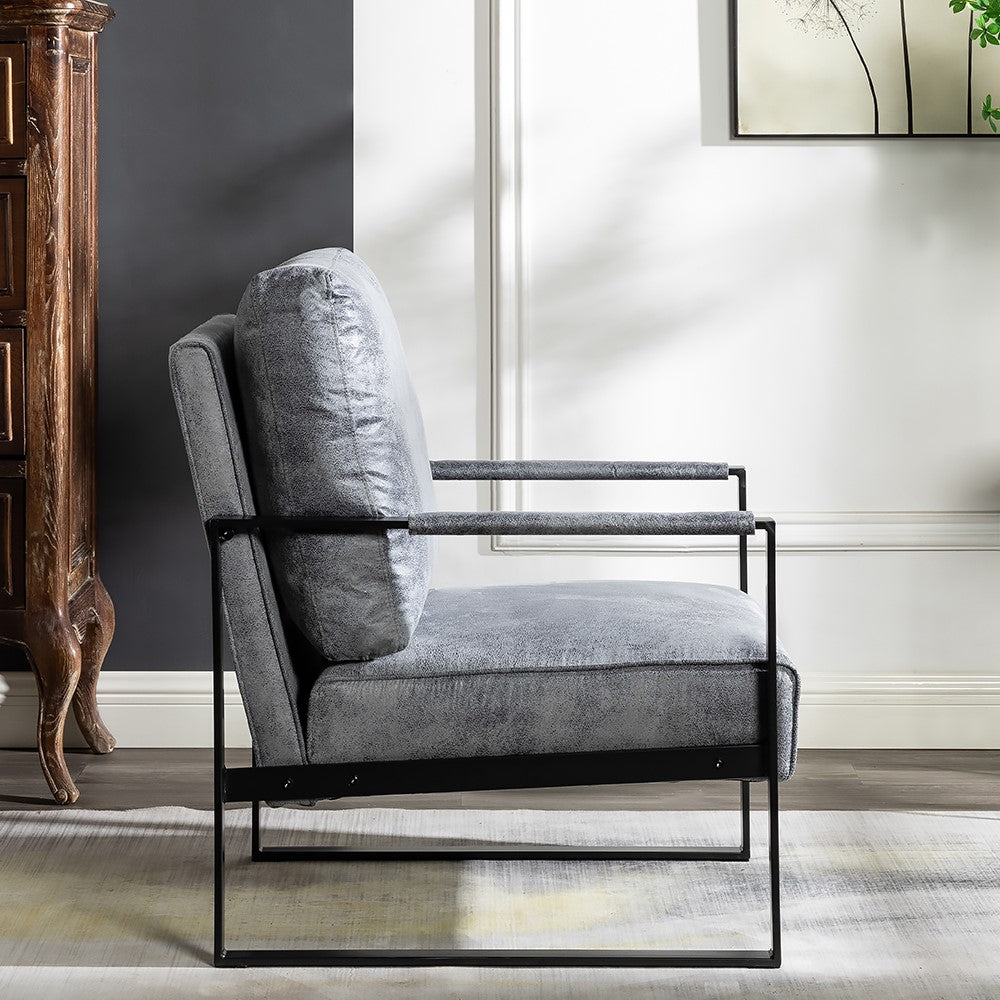 Gray accent chair with black metal frame and textured upholstery
