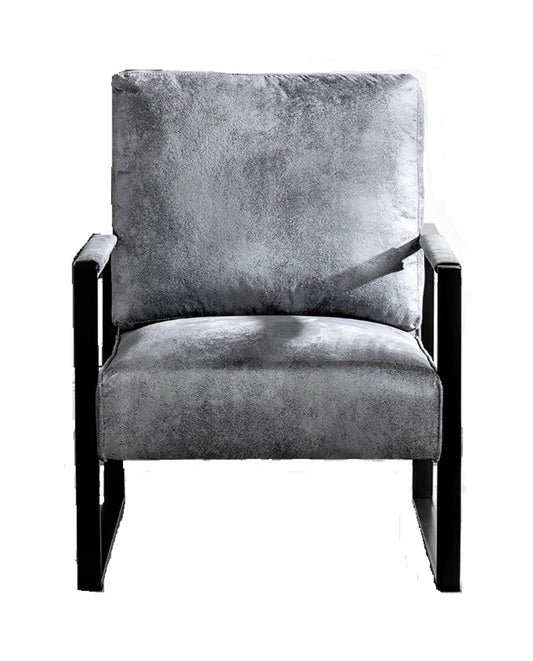 Textured gray armchair with black metal frame and square arms