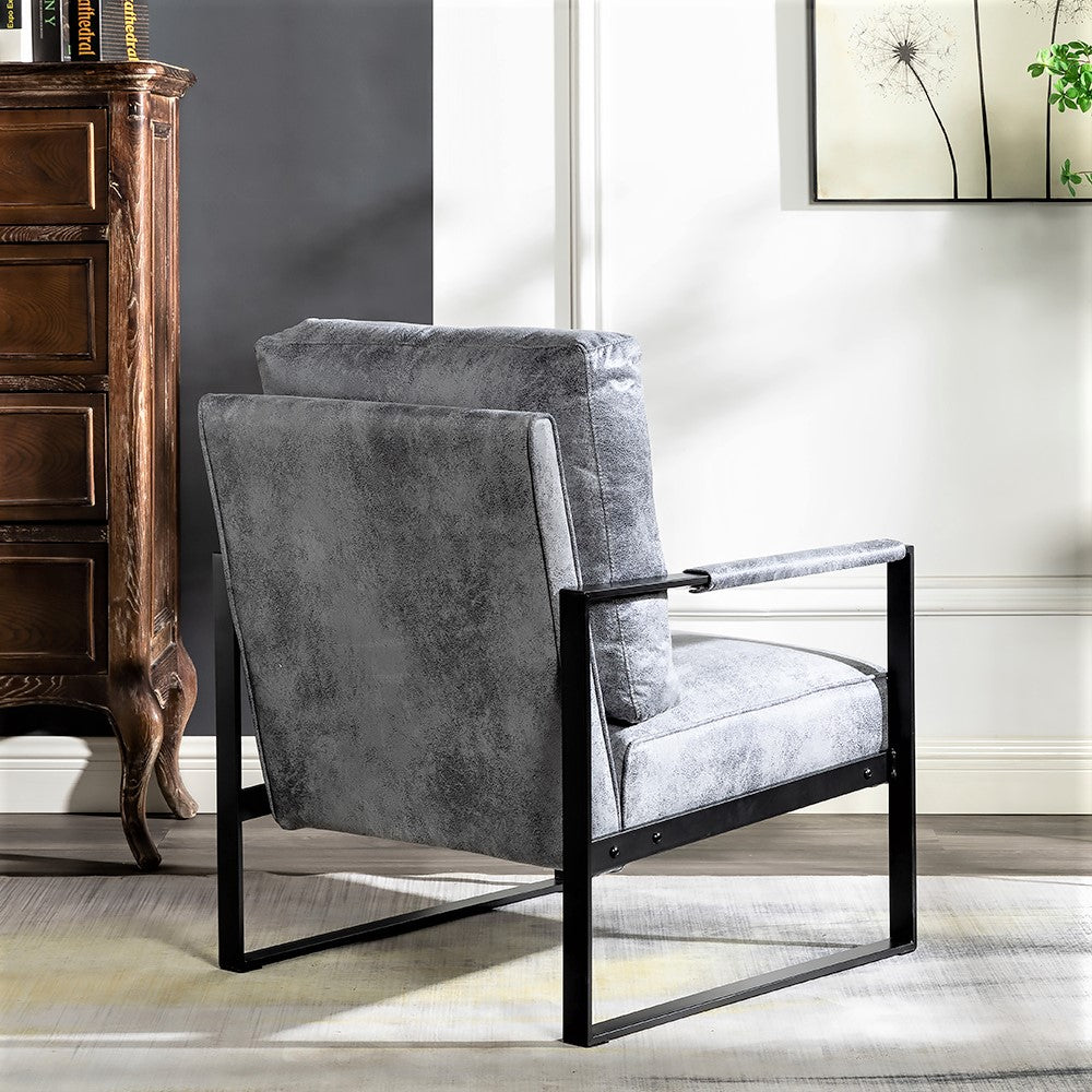 Modern grey upholstered accent chair with black metal frame