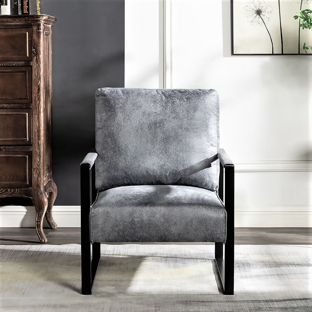Gray velvet armchair with black metal frame