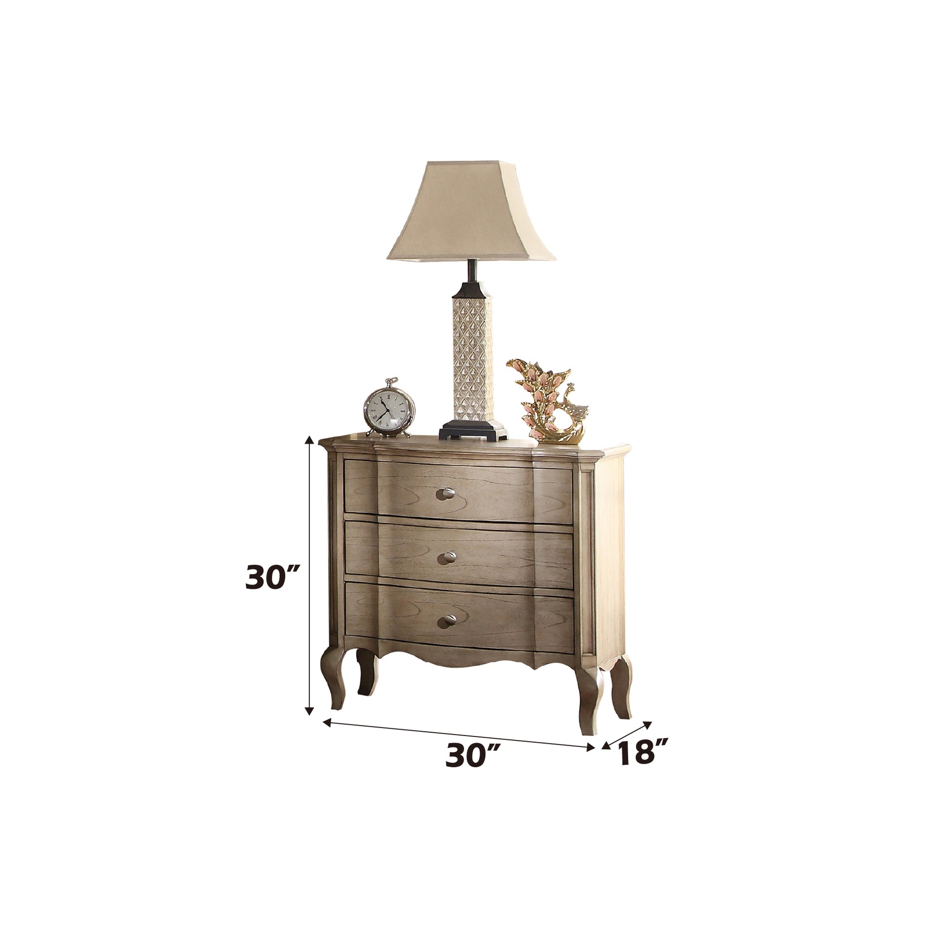 Gray distressed wood drawer accent chest with decorative hardware and curved legs