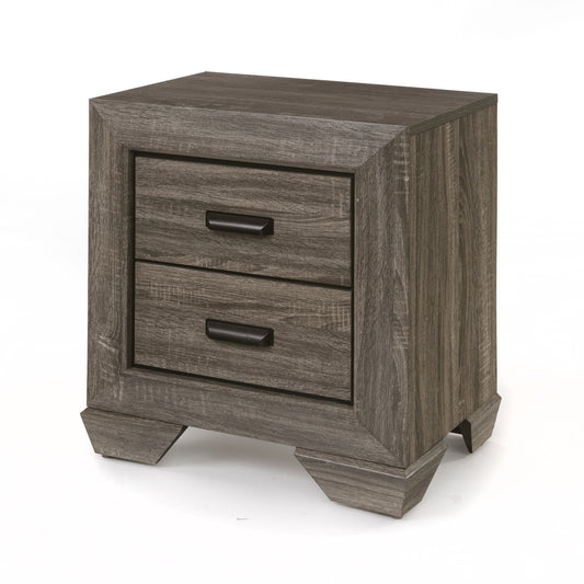 Rustic grey wood nightstand with two drawers and black handles