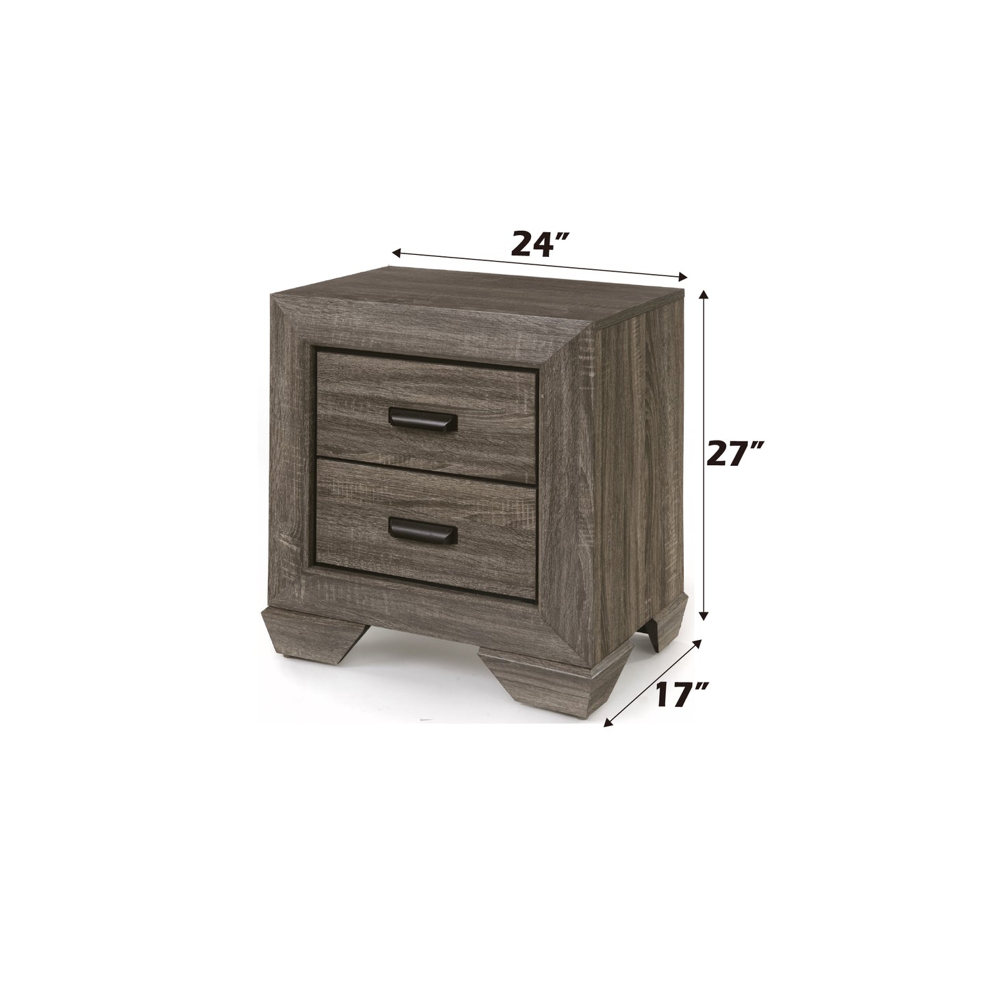 Gray wood grain drawer nightstand with black hardware and unique base