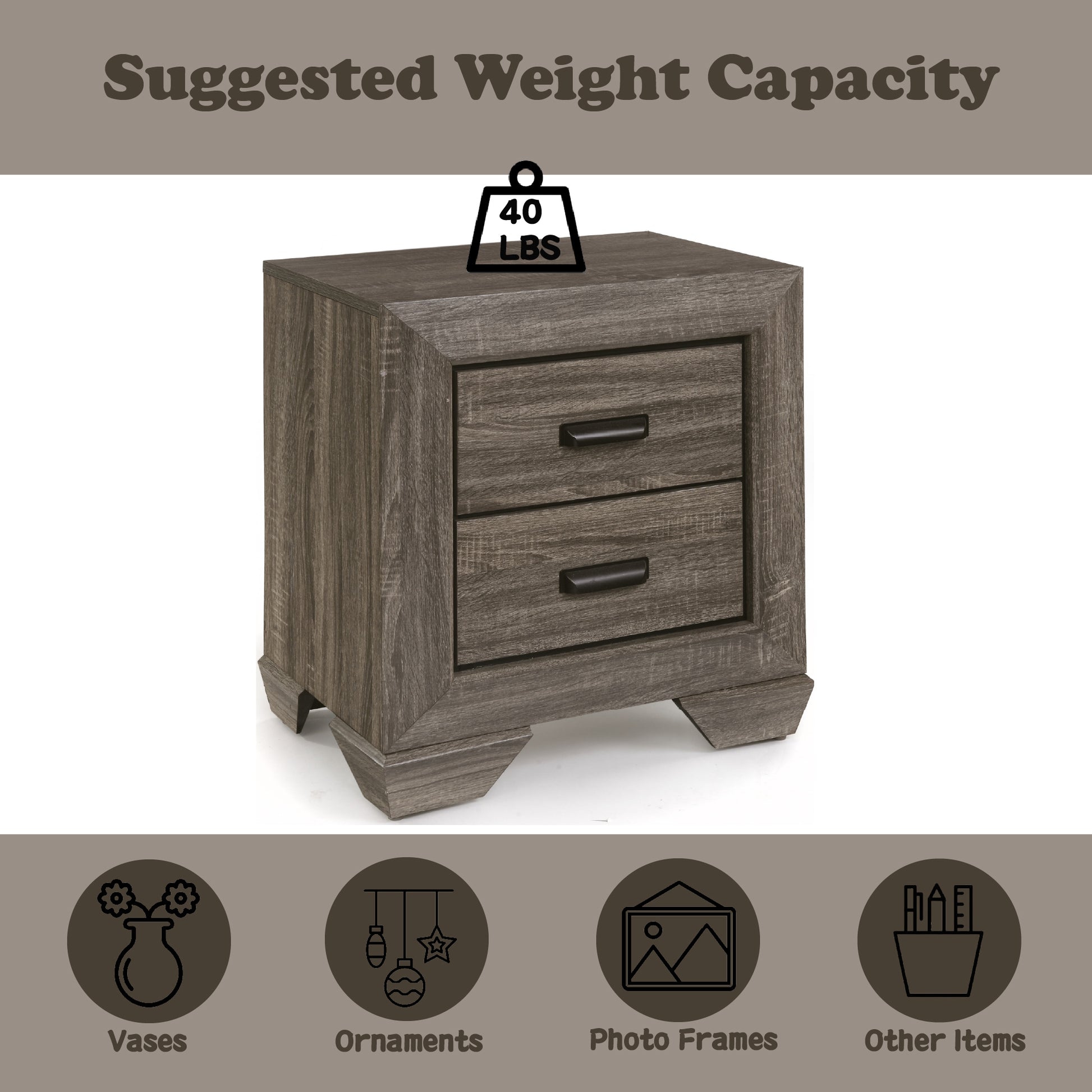 Rustic grey wood twodrawer nightstand with black handles  lbs weight capacity