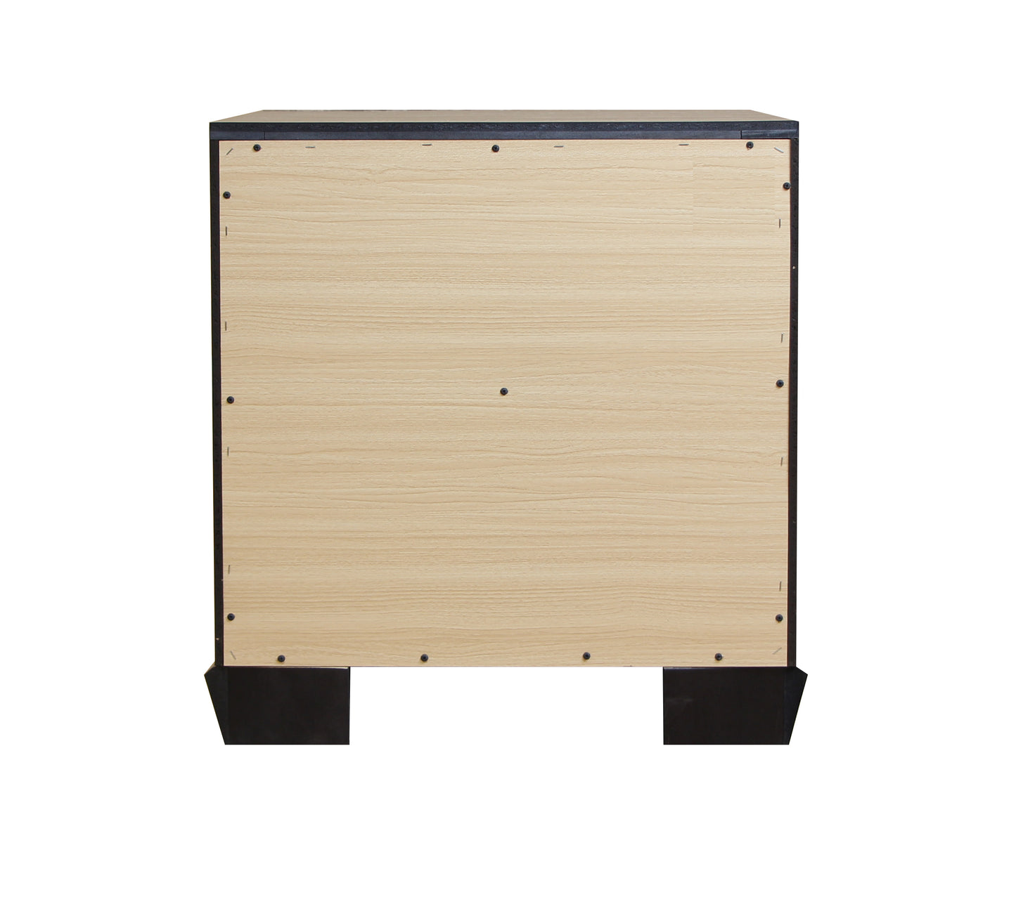 Rear view of a light wood grain cabinet back panel with black trim and feet
