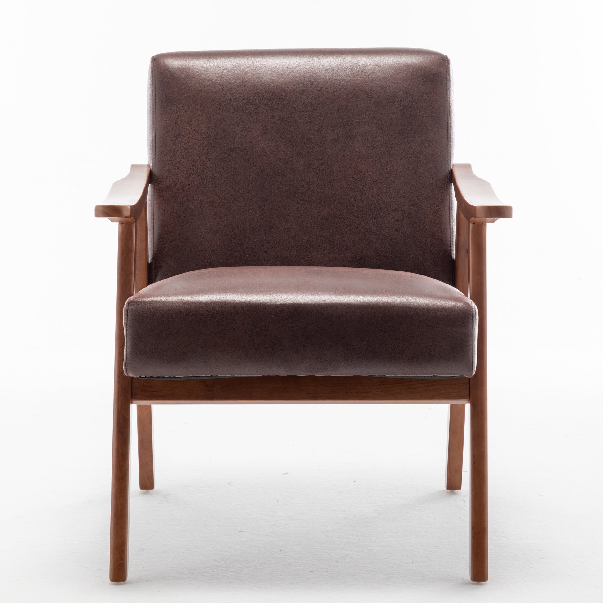 Brown faux leather armchair with wooden frame and arms