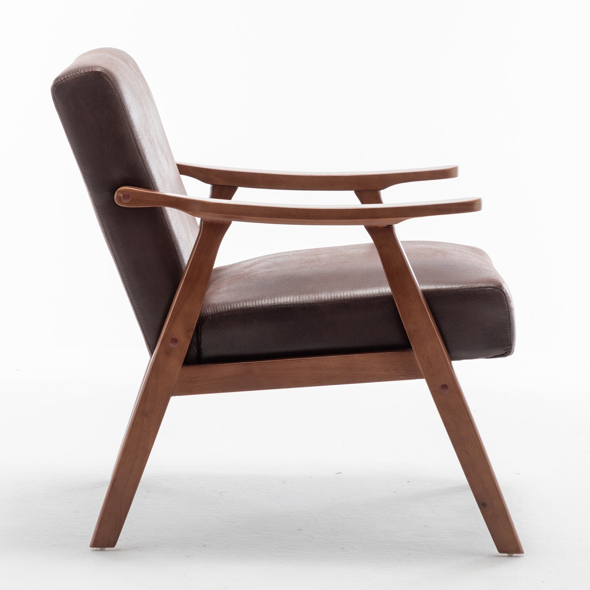 Brown leather accent chair with curved wooden armrests and frame
