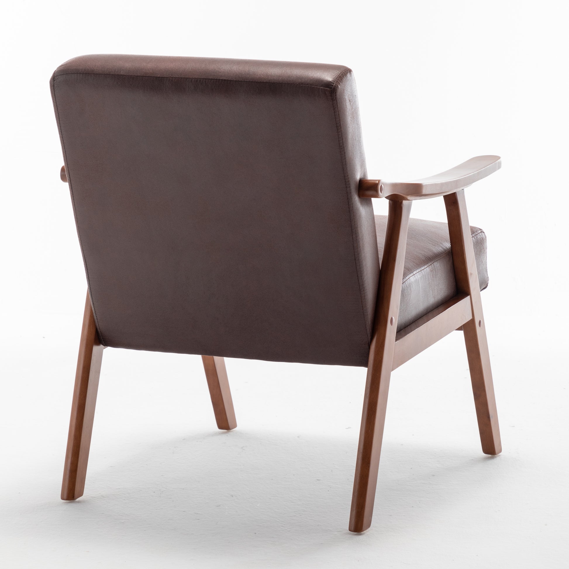 Brown faux leather accent chair with wooden frame and arms