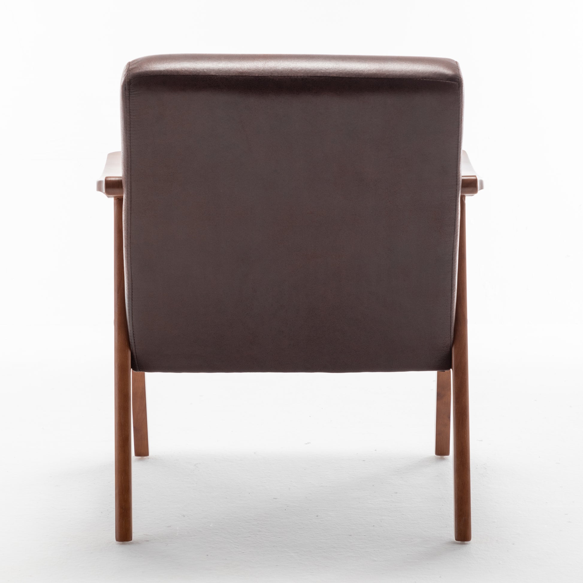 Back view of dark brown leather armchair with wooden frame