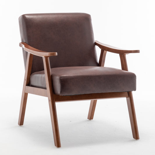 Brown faux leather armchair with curved wooden arms and legs