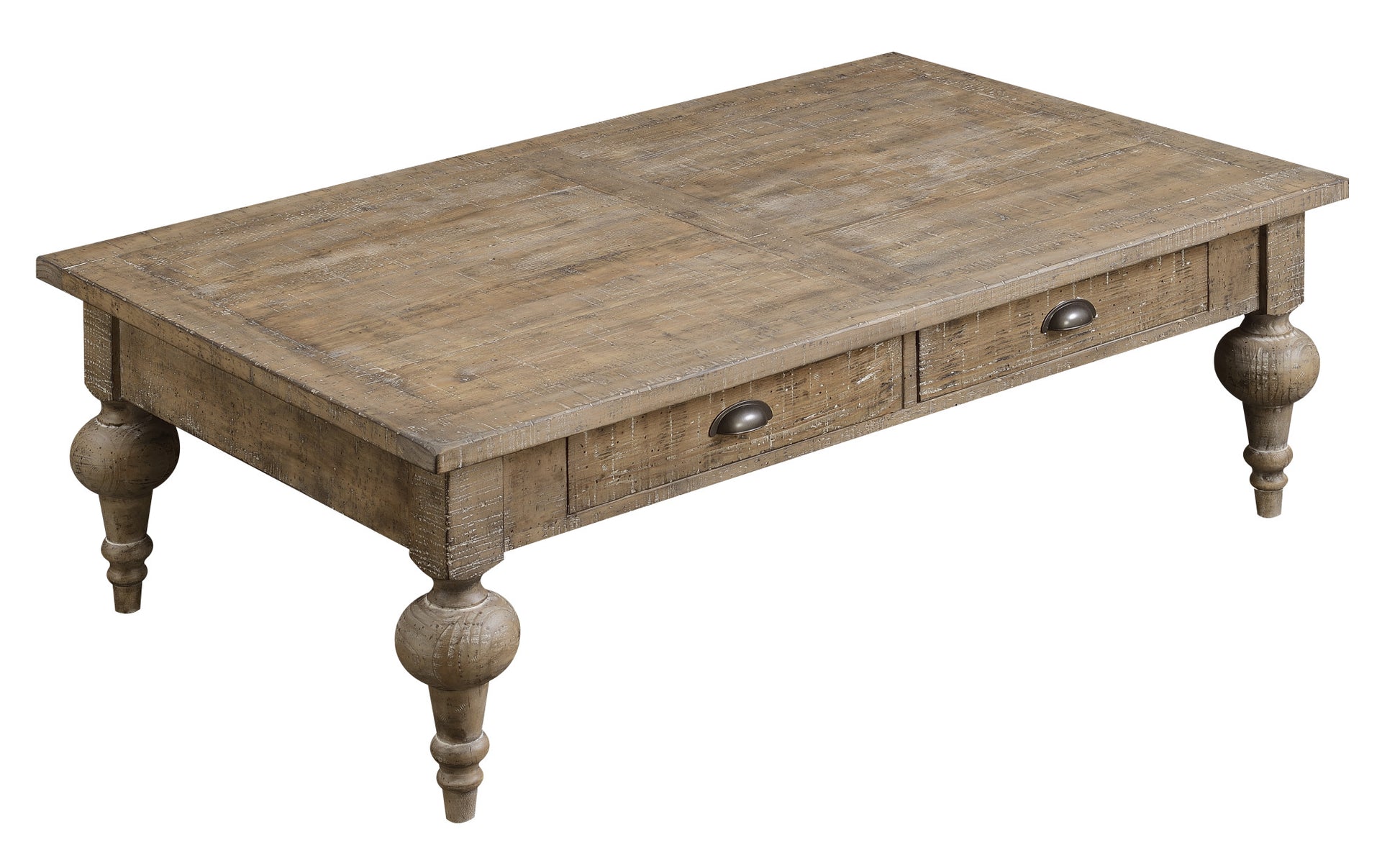 Rustic brown wooden coffee table with turned legs and two drawers