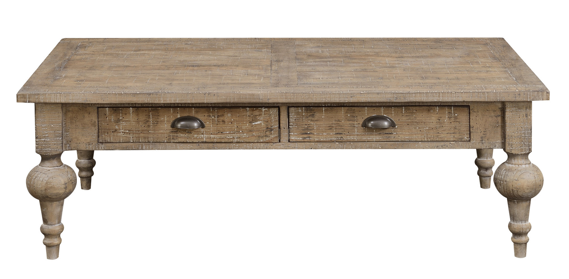 Distressed wood coffee table with two drawers and metal cup pulls featuring turned legs