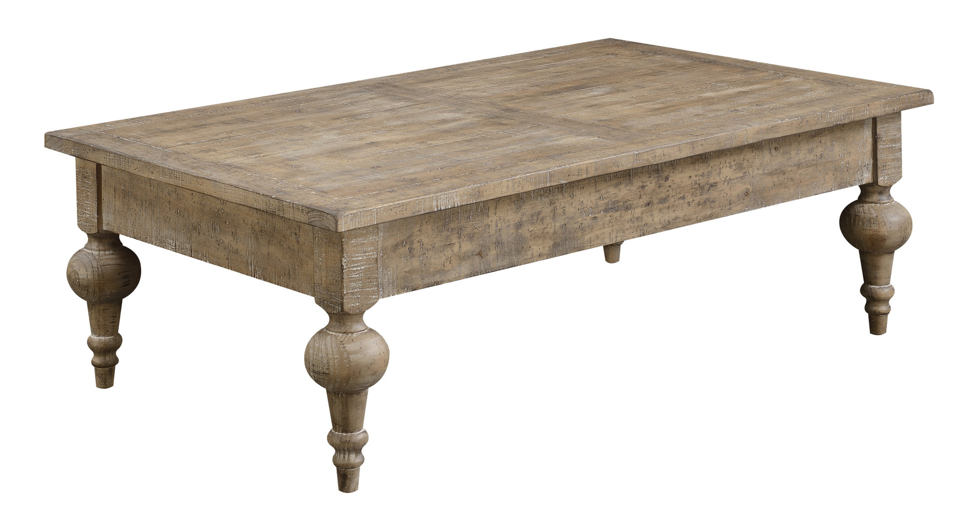 Rustic distressed wood coffee table with turned legs