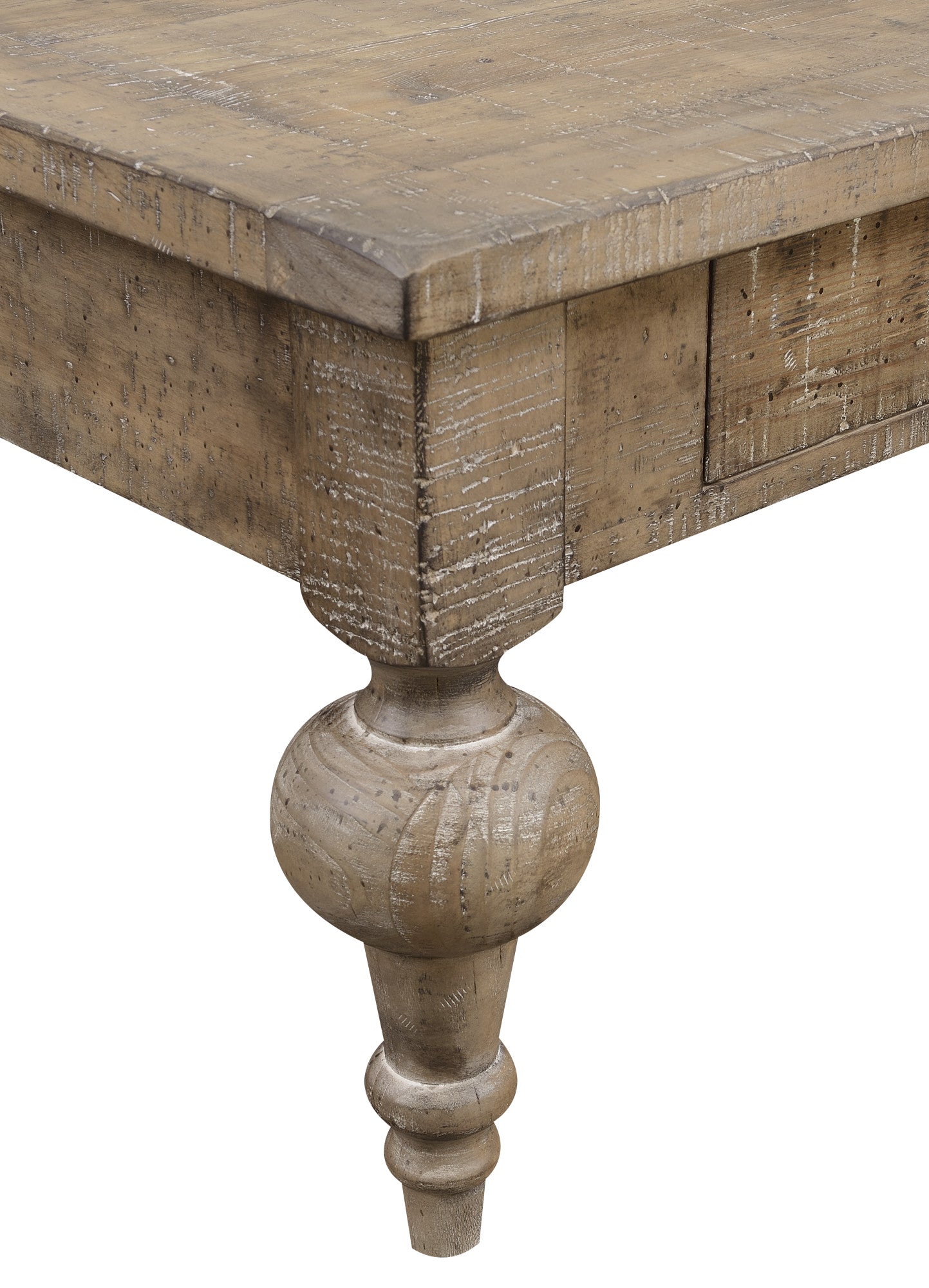 Distressed oak wood console table detail with carved baluster leg
