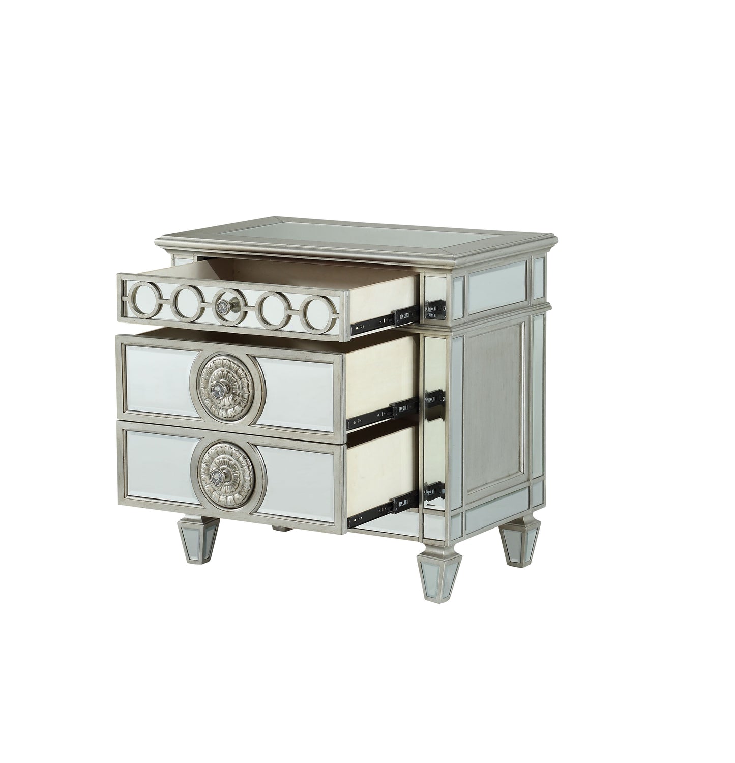 Silver mirrored nightstand with two drawers and ornate hardware