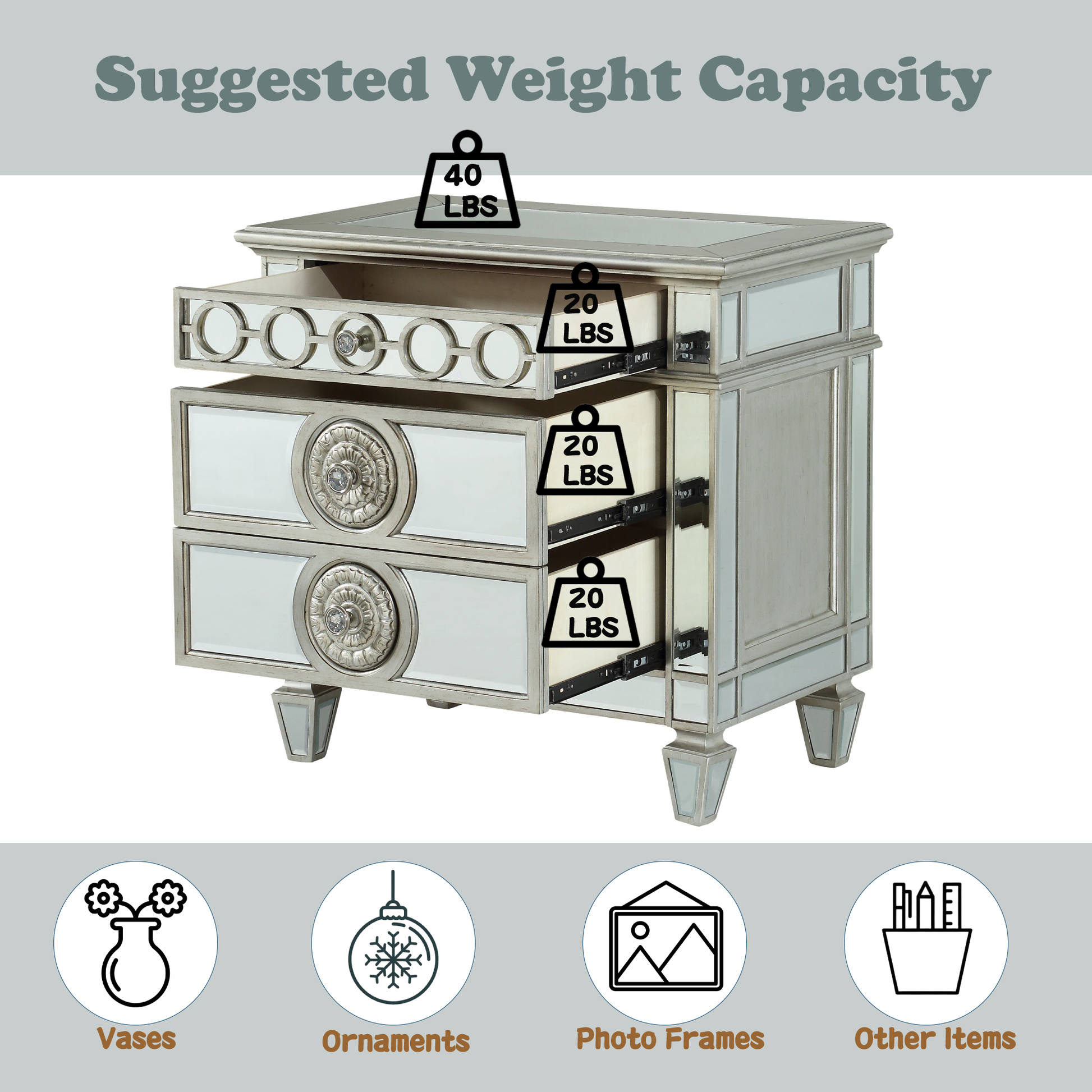 Silver mirrored nightstand with crystal accents