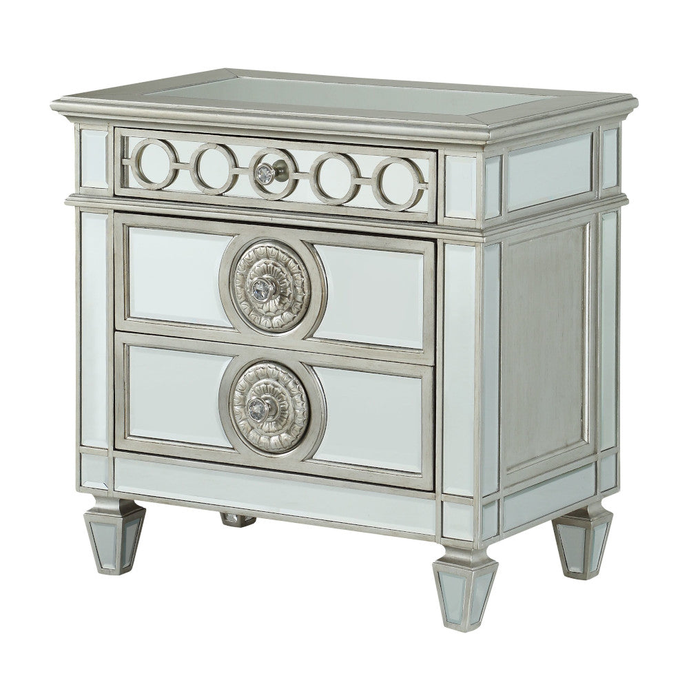 Mirrored nightstand with two ornate drawers and decorative hardware