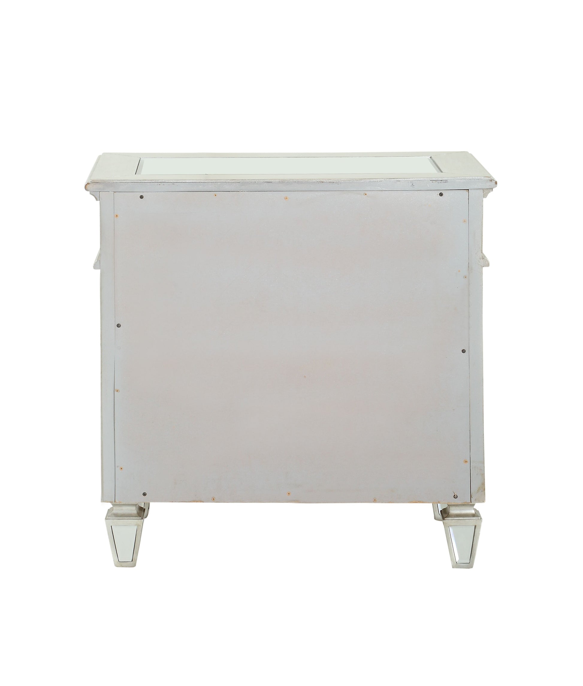 Cream mirrored nightstand with angled legs and reflective top