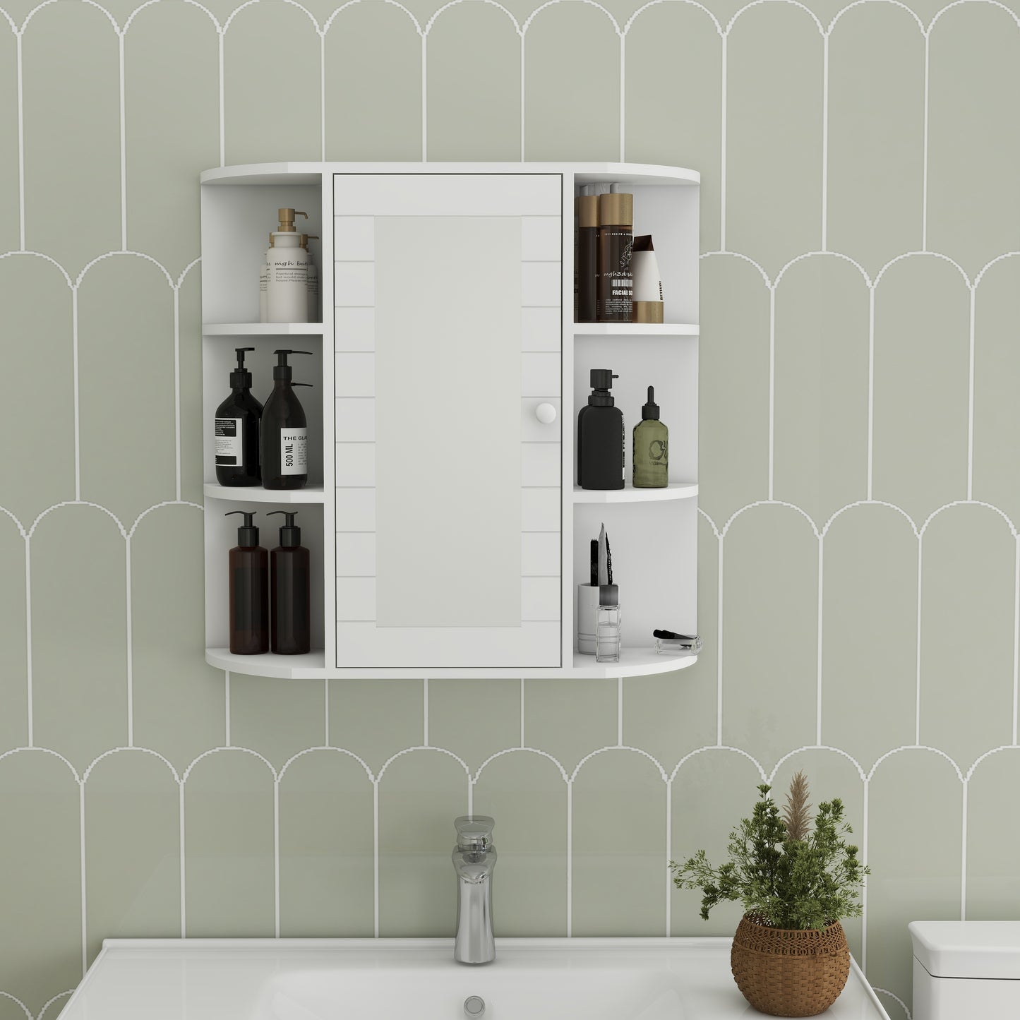 White mirrored medicine cabinet with open shelves holding toiletries