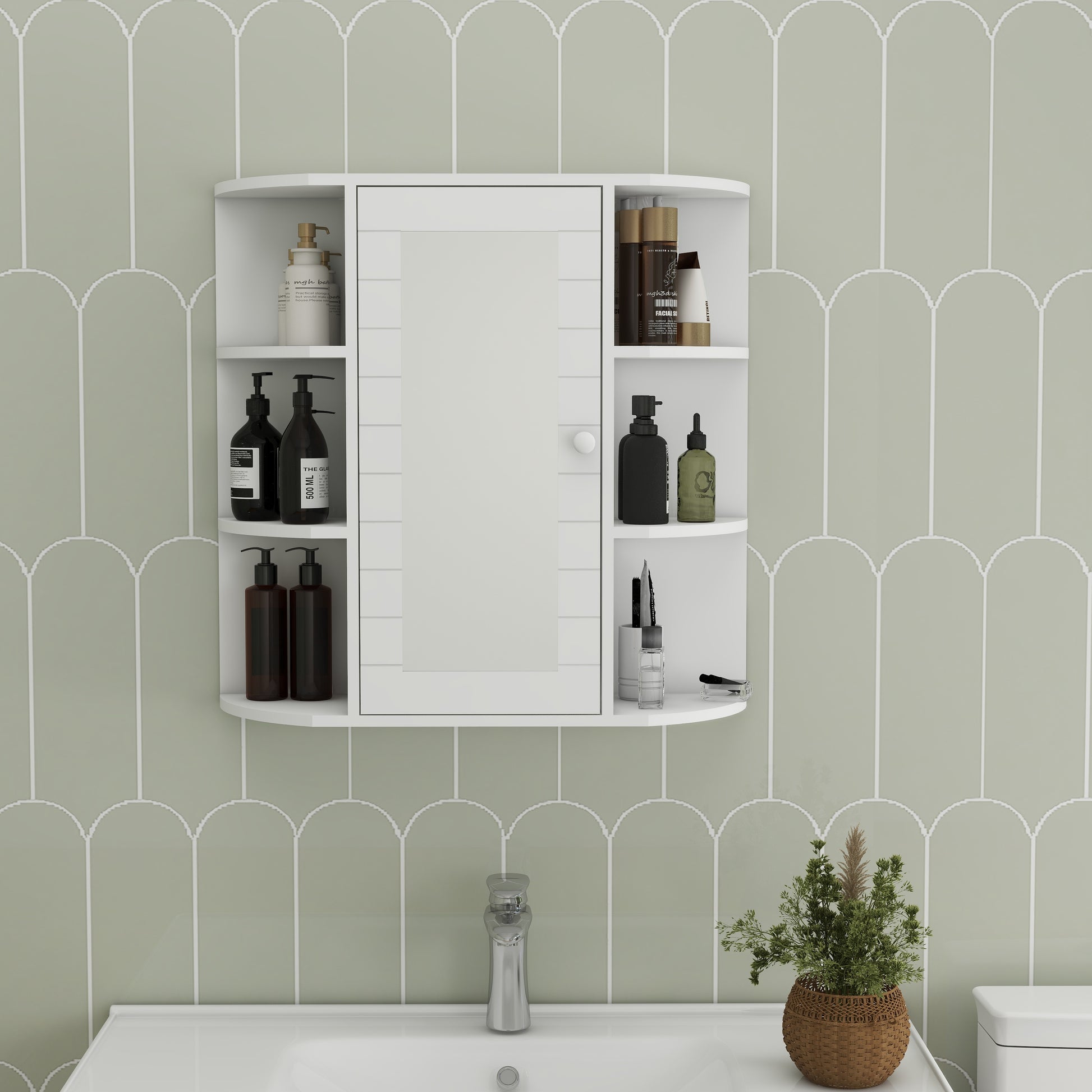 White mirrored medicine cabinet with open shelves holding toiletries