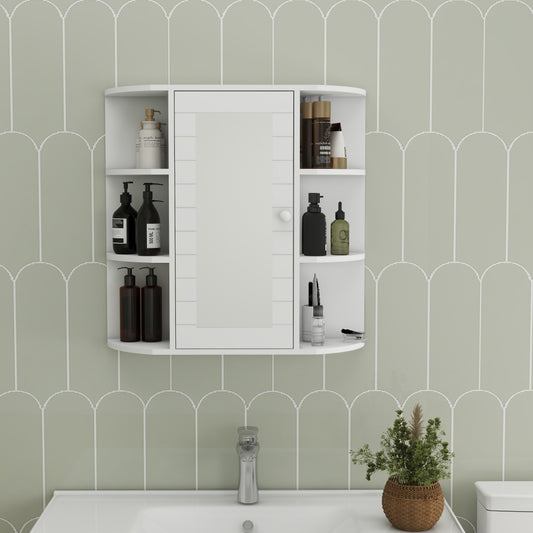 White mirrored medicine cabinet with open shelves holding toiletries