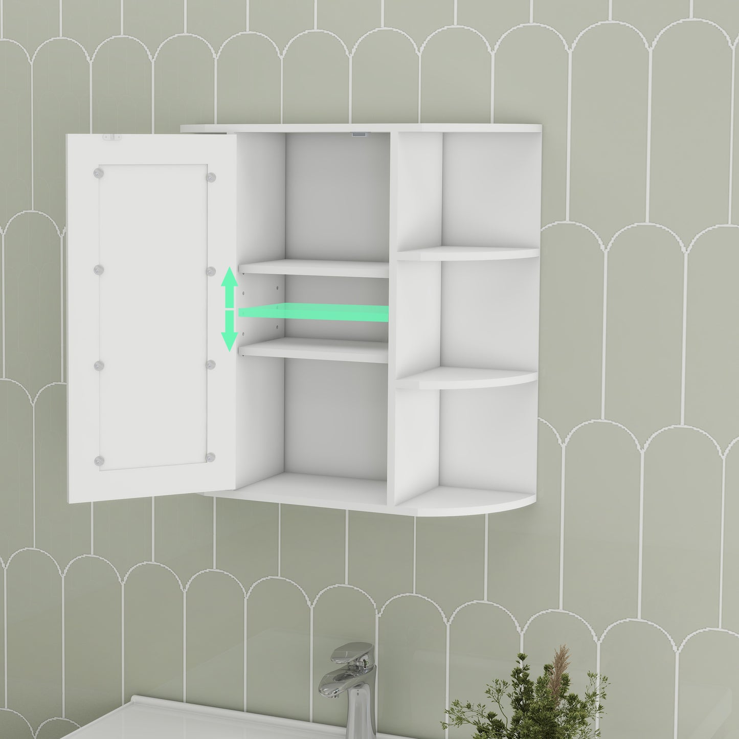 White wall mounted medicine cabinet with open door and adjustable shelf