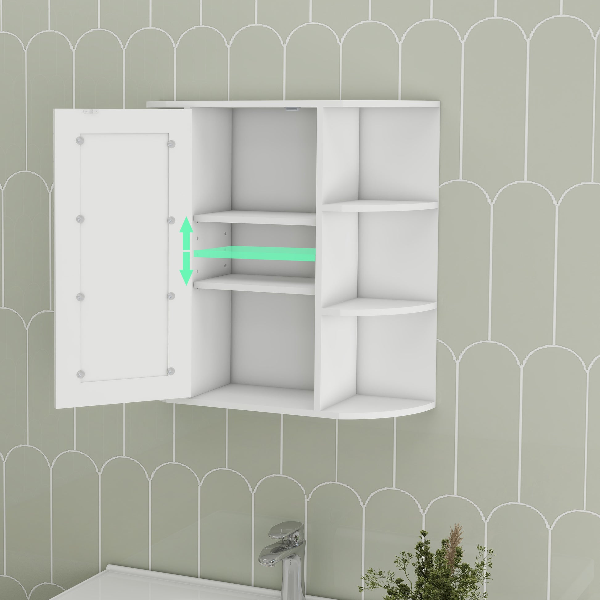 White wall mounted medicine cabinet with open door and adjustable shelf