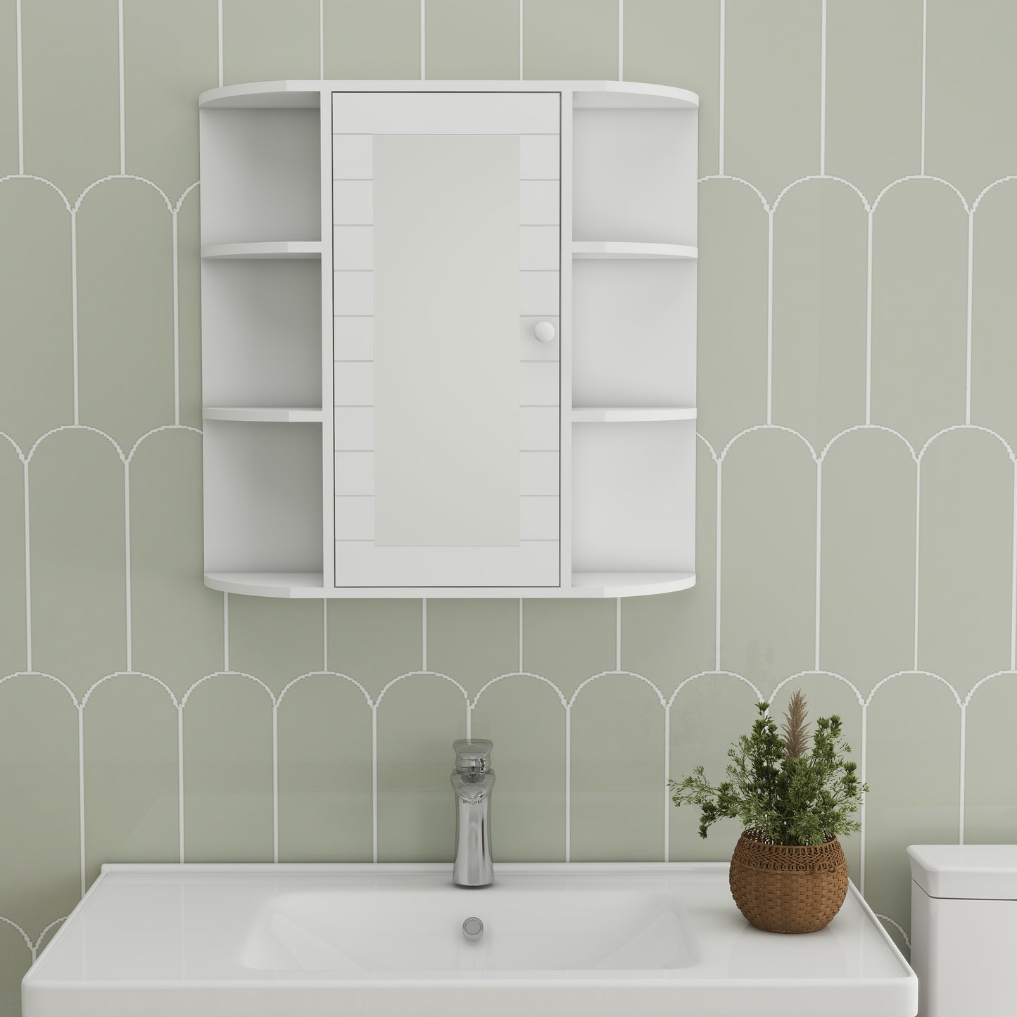 White bathroom medicine cabinet with mirrored door and open shelves