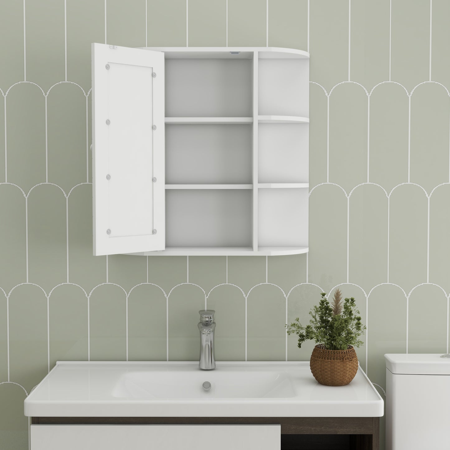 White medicine cabinet with open doors revealing shelves