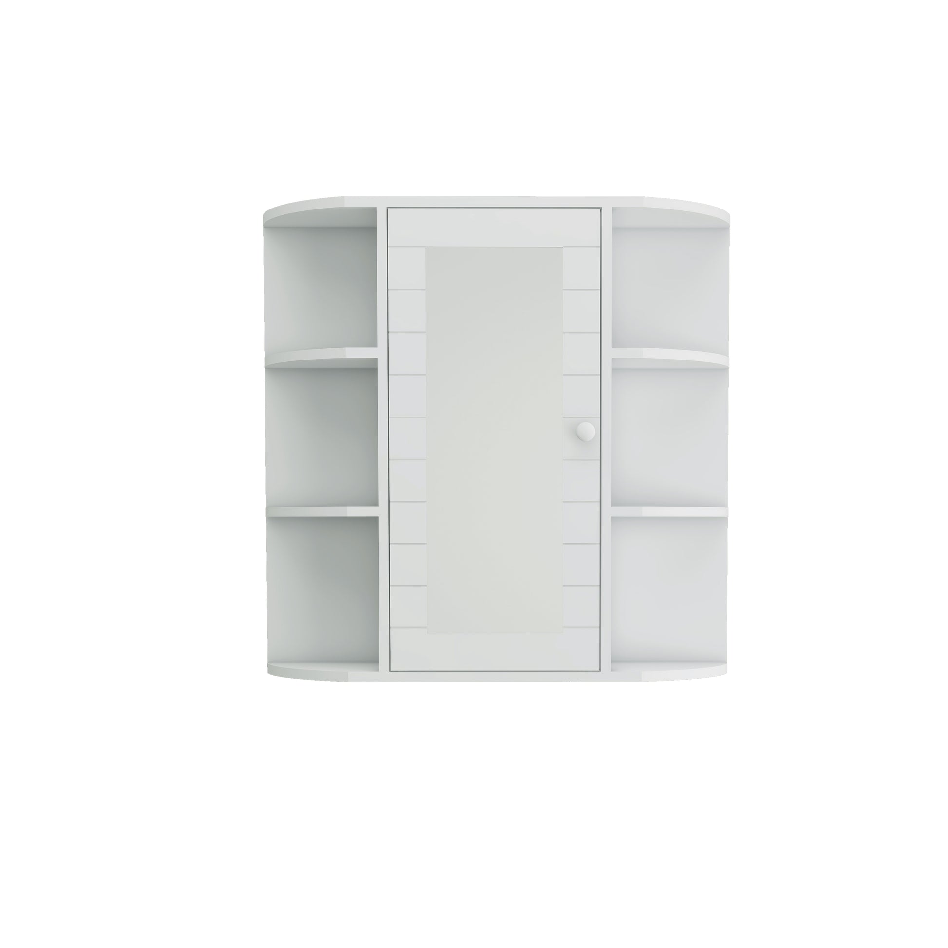 White corner medicine cabinet with mirrored door and open shelving