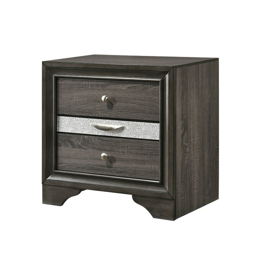 Dark gray wood nightstand with three drawers and silver hardware