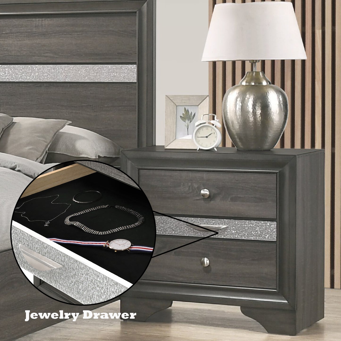 Dark gray wooden nightstand with two drawers featuring silver accents and a jewelry drawer inset