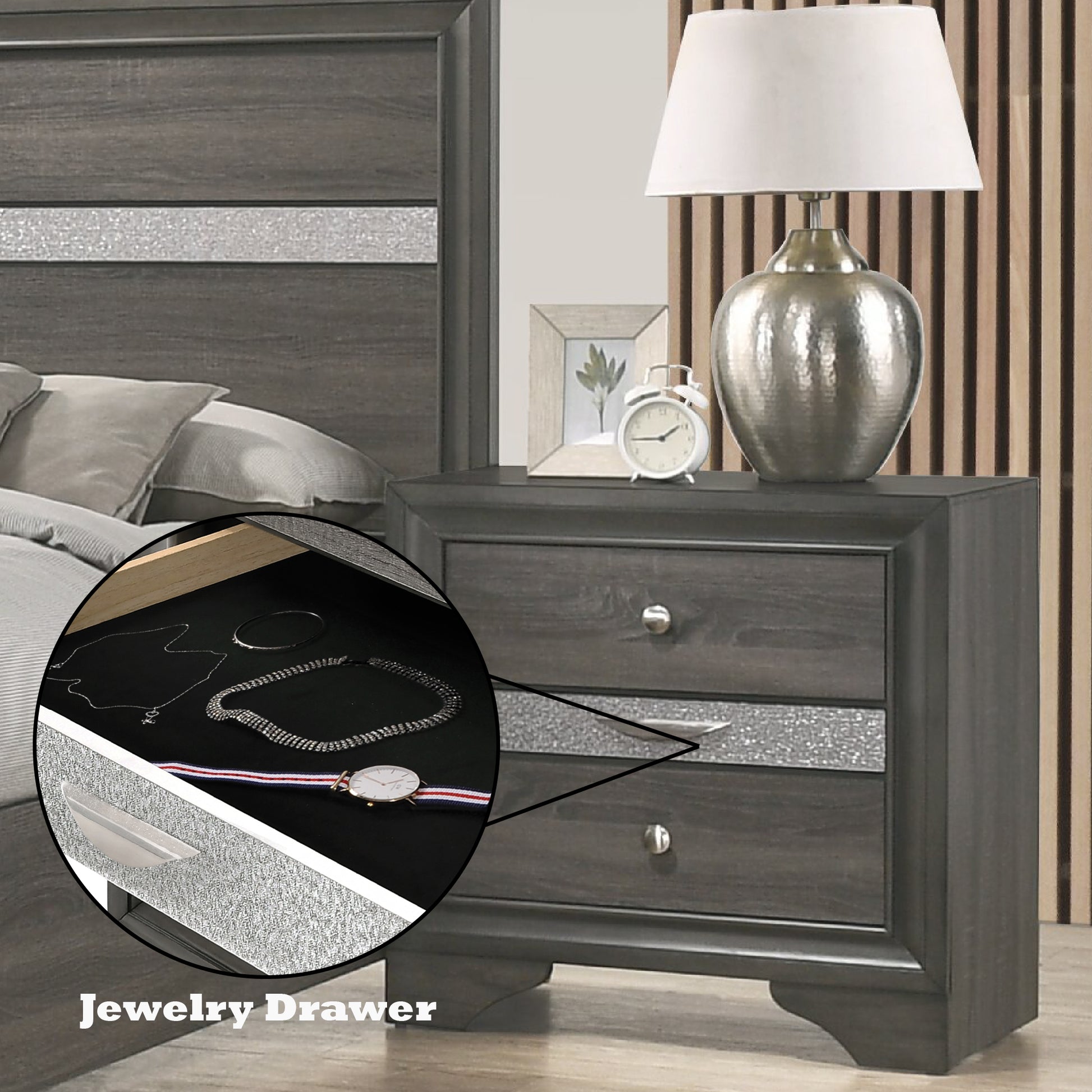 Dark gray wooden nightstand with two drawers featuring silver accents and a jewelry drawer inset