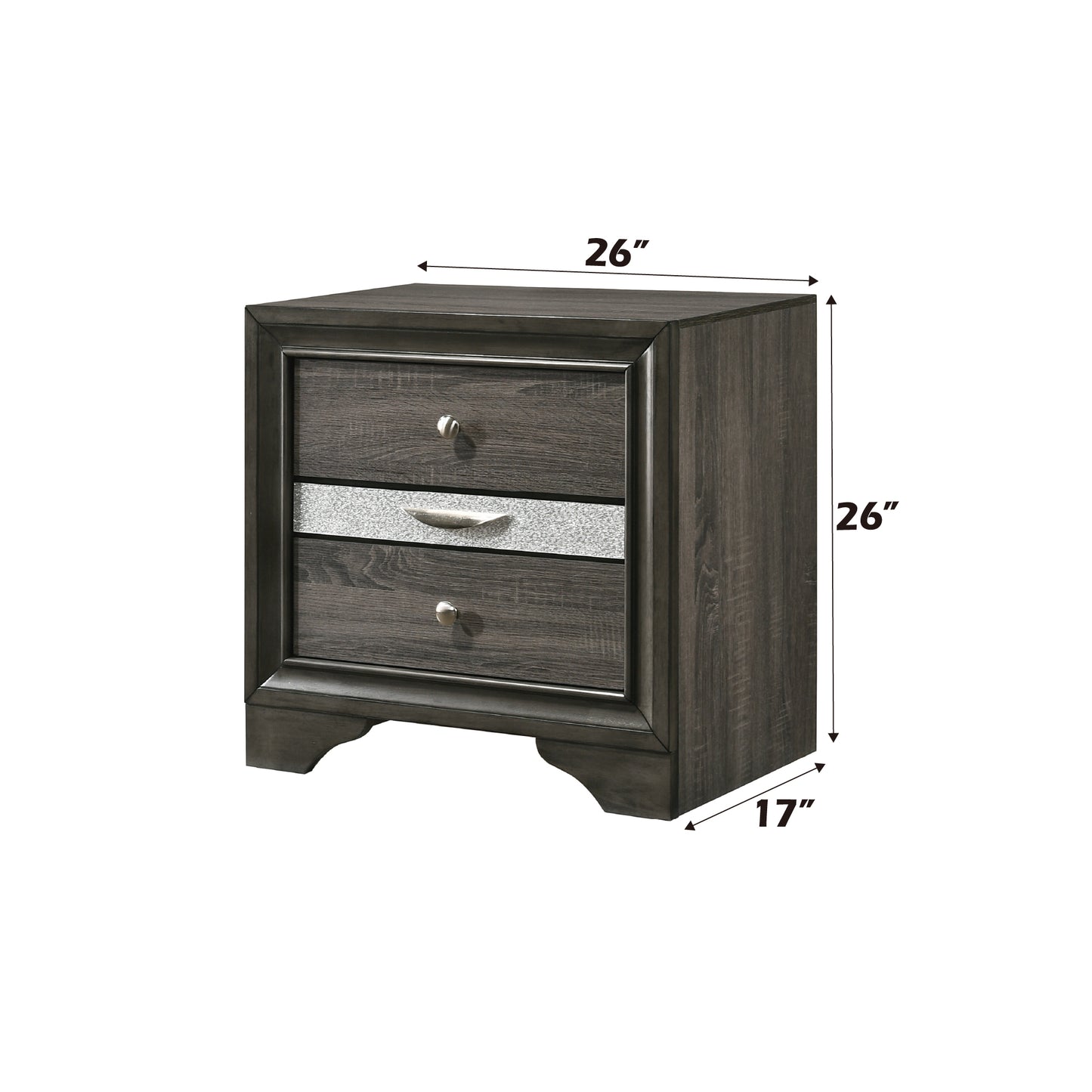 Dark gray wood grain nightstand with three drawers featuring decorative silver inlay