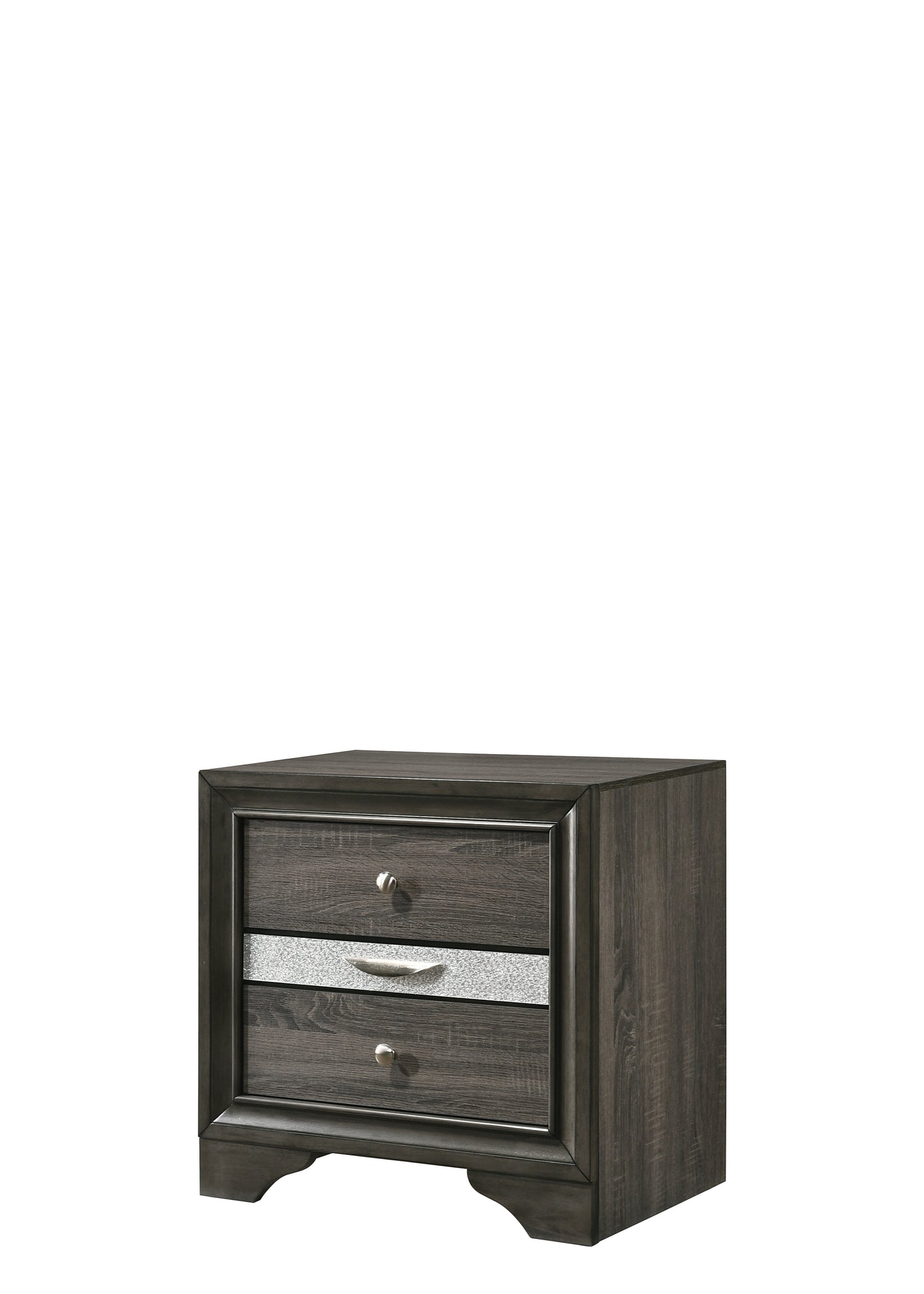 Modern gray wood nightstand with silver accents and two drawers