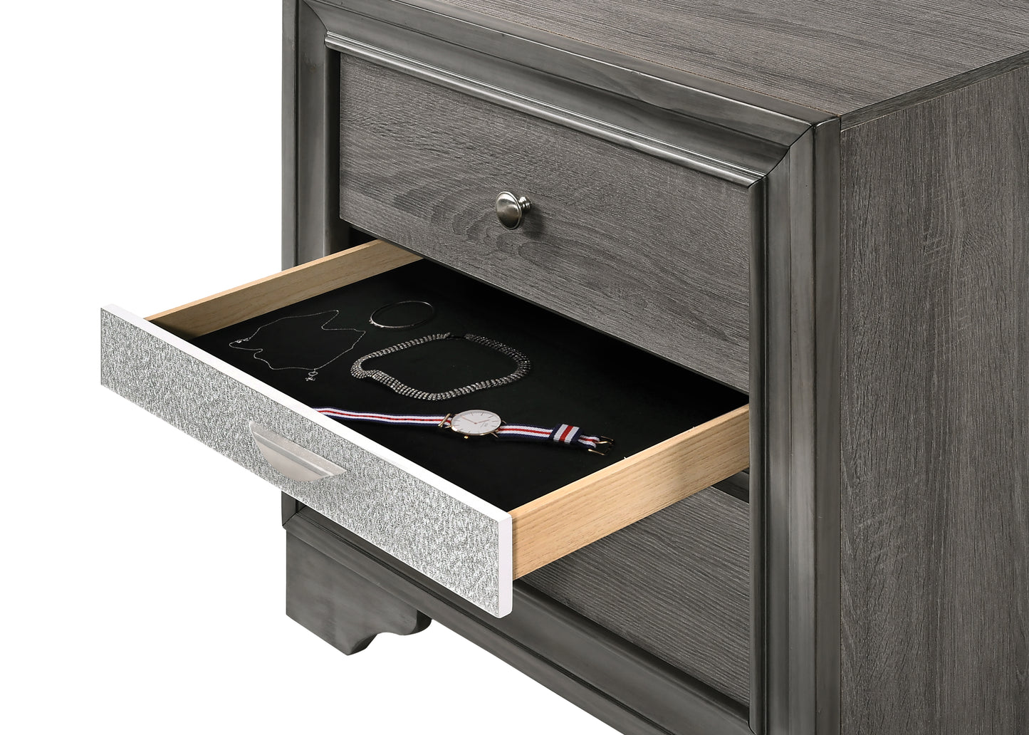 Rustic gray wood nightstand with open drawer revealing jewelry