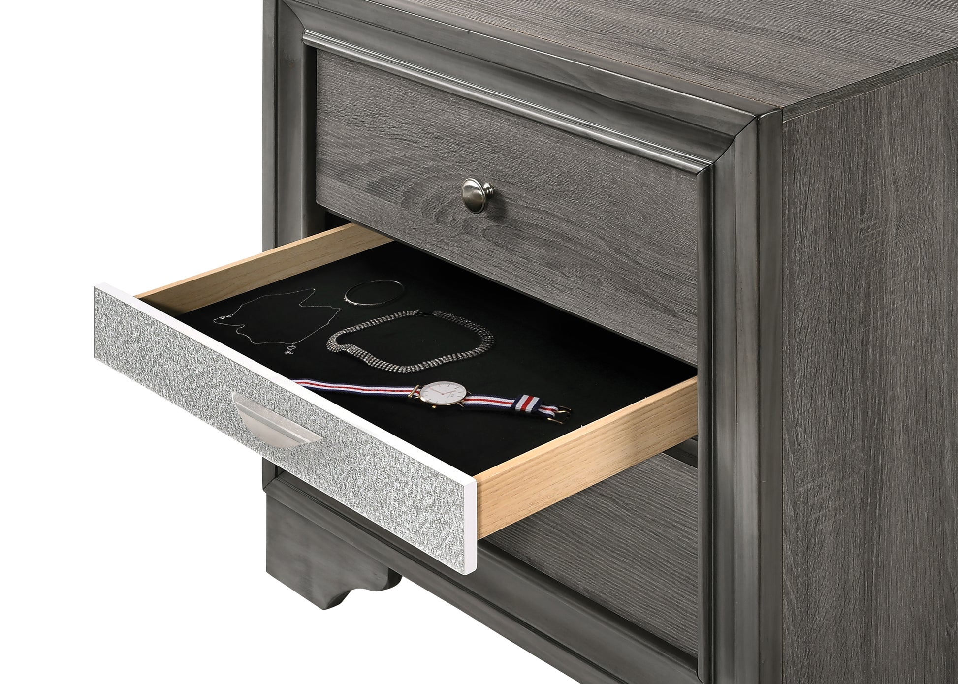 Rustic gray wood nightstand with open drawer revealing jewelry