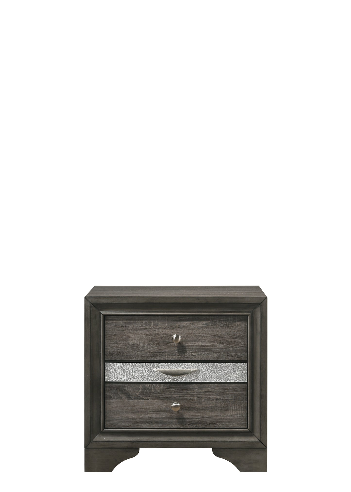 Gray wood nightstand with two drawers and metallic accents