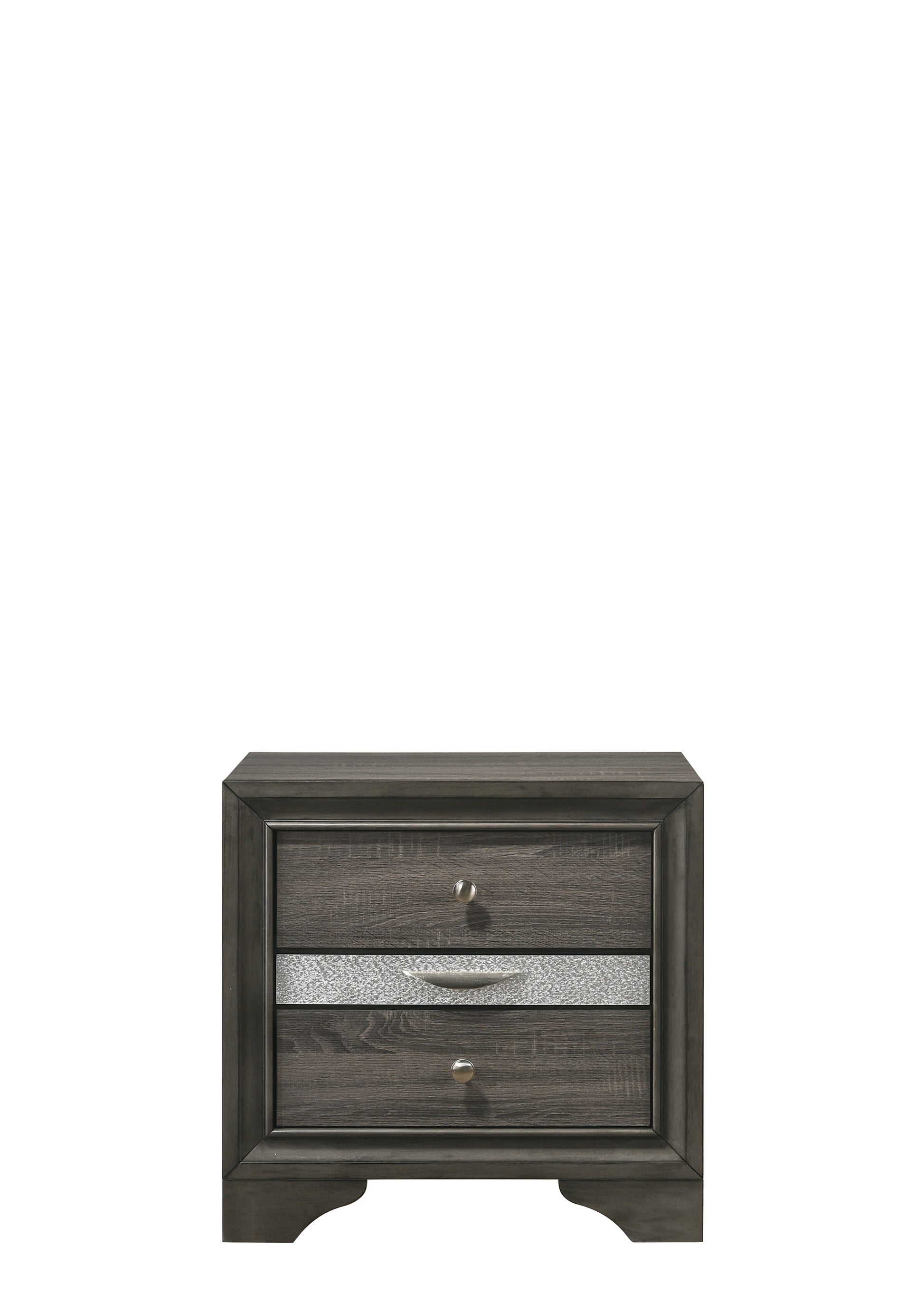 Gray wood nightstand with two drawers and metallic accents