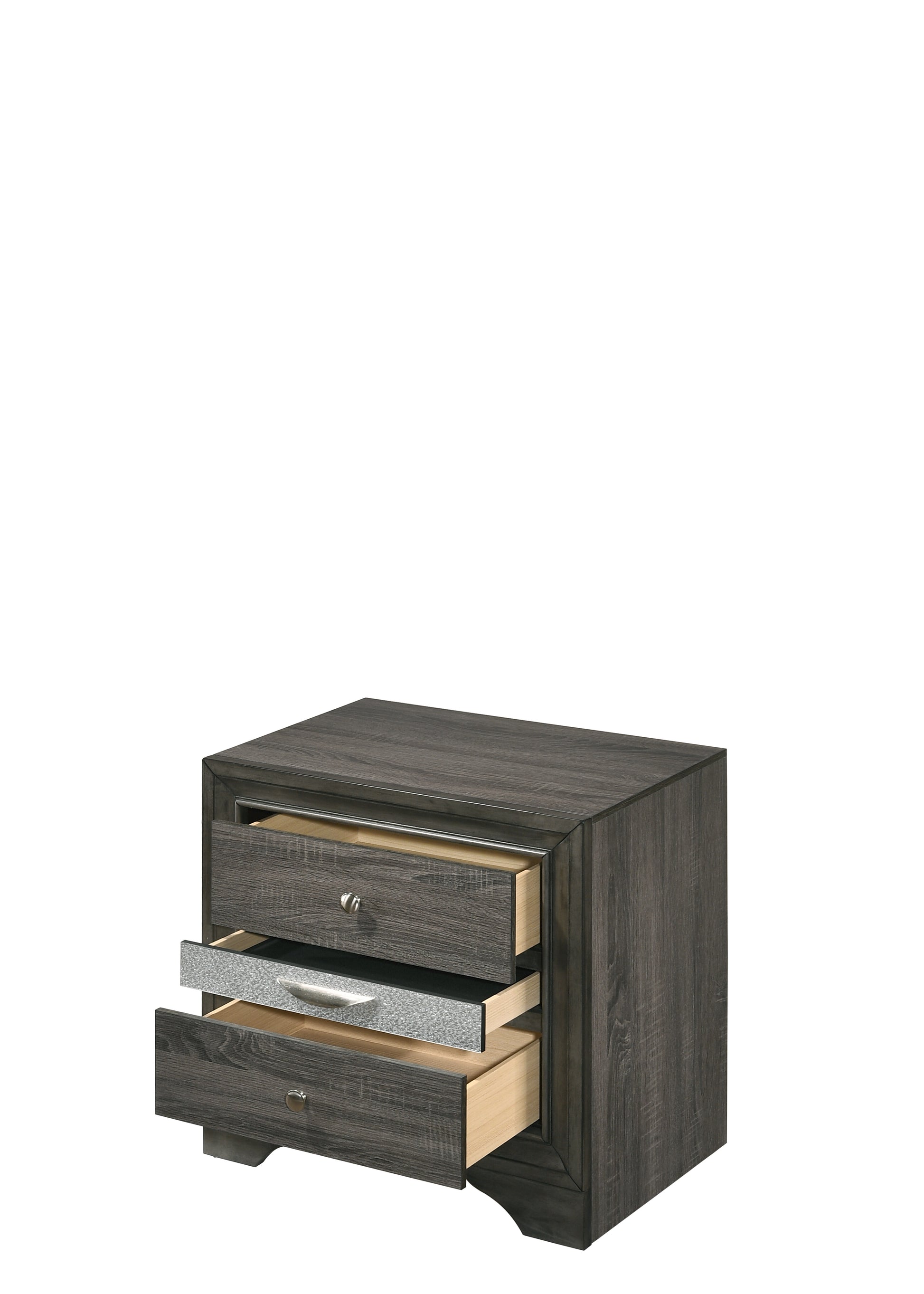 Dark gray wood finish nightstand with three drawers one partially open