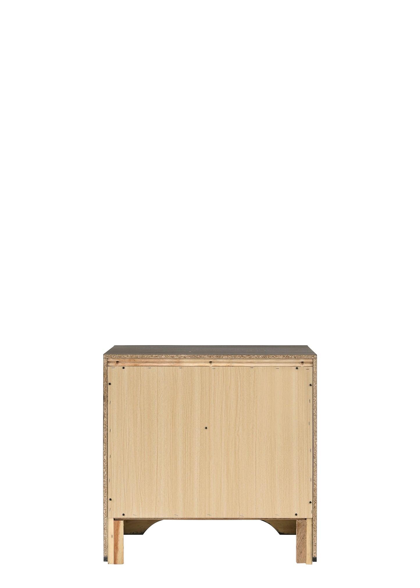 Back view of a compact particleboard cabinet with light wood grain finish and black top