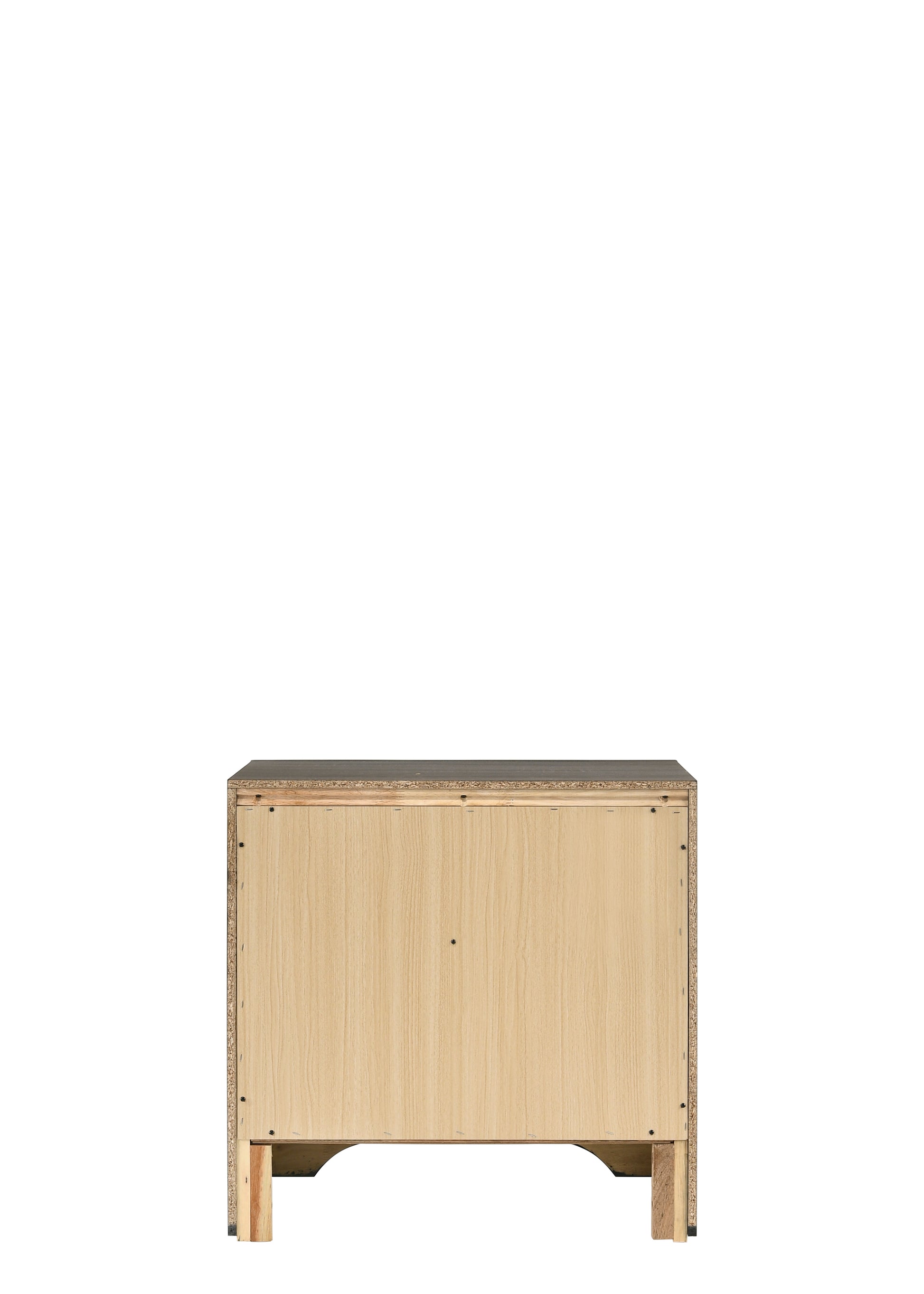 Back view of a compact particleboard cabinet with light wood grain finish and black top