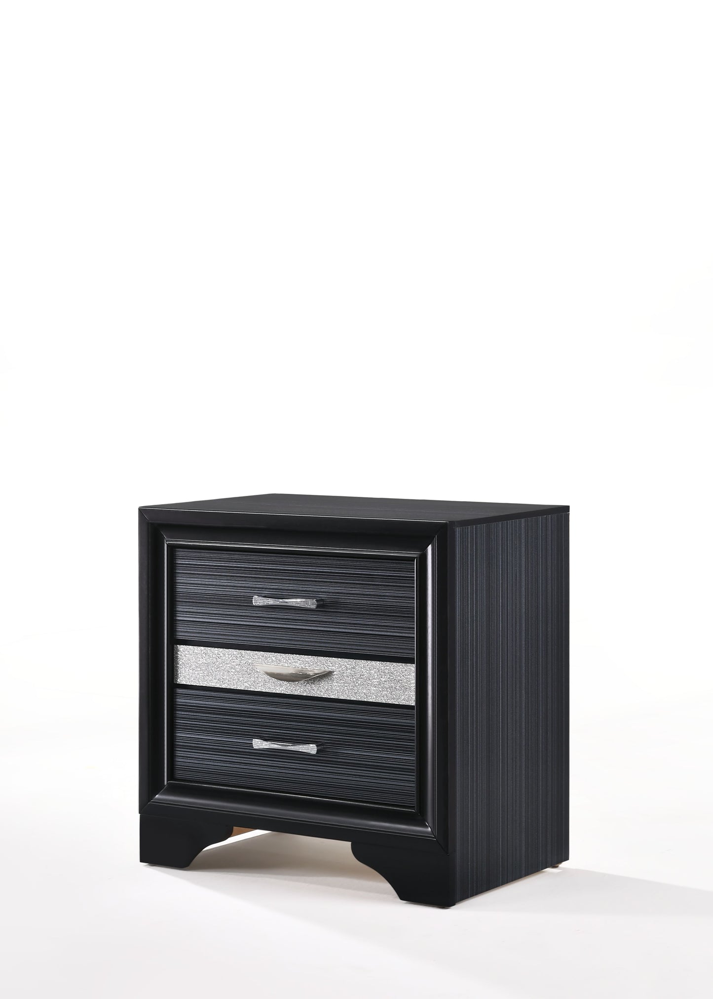 Sleek black nightstand with three drawers and a sparkly silver accent band
