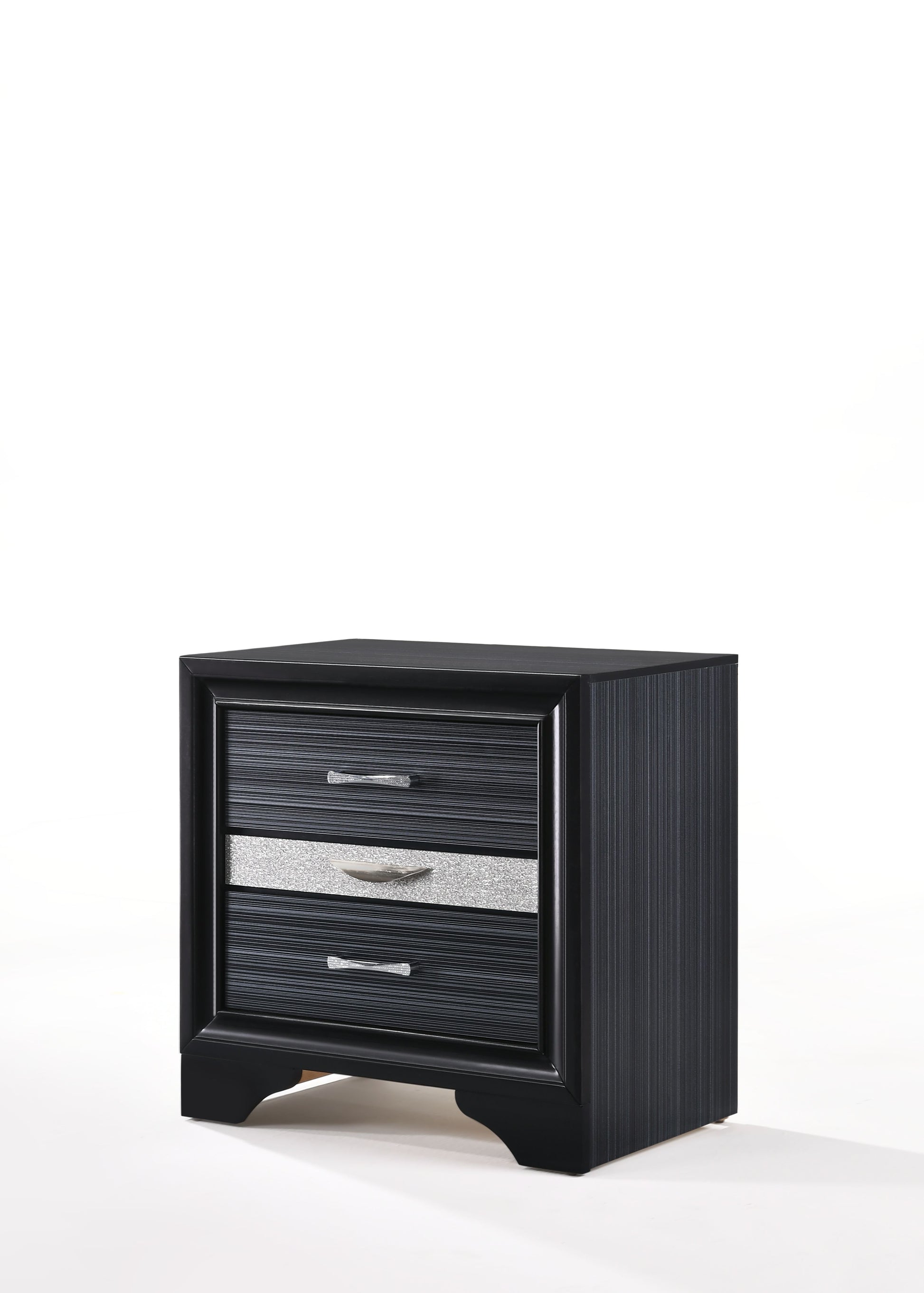 Sleek black nightstand with three drawers and a sparkly silver accent band