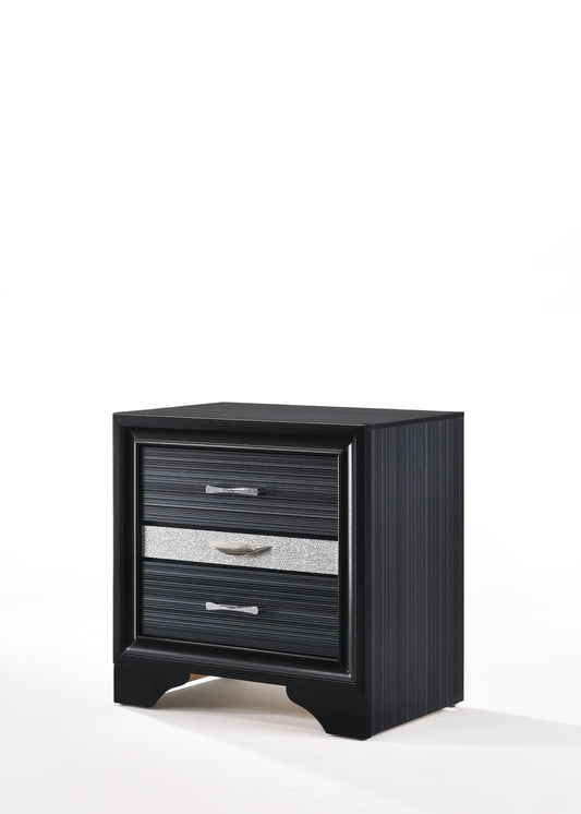 Sleek black nightstand with three drawers and a sparkly silver accent band
