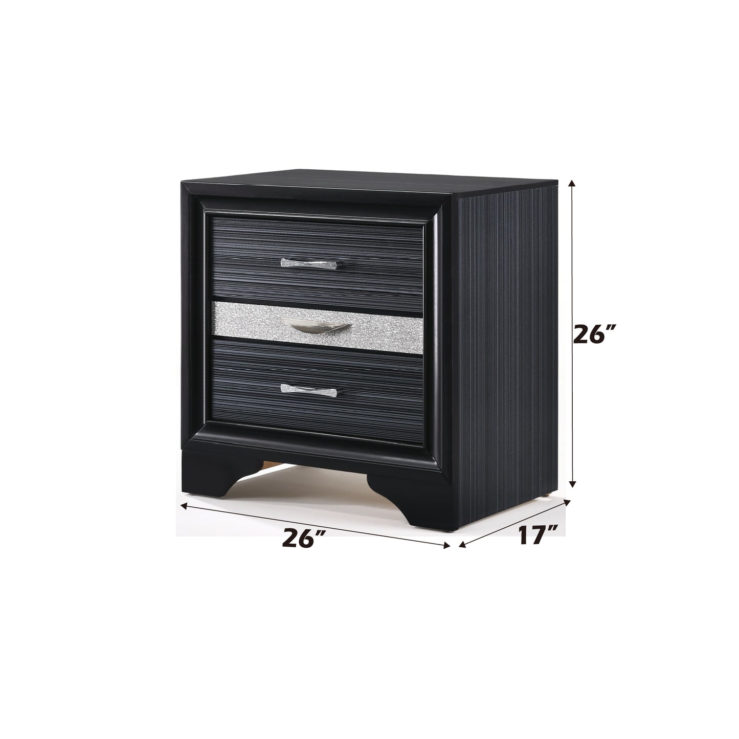Black faux wood drawer nightstand with silver accents and brushed nickel pulls