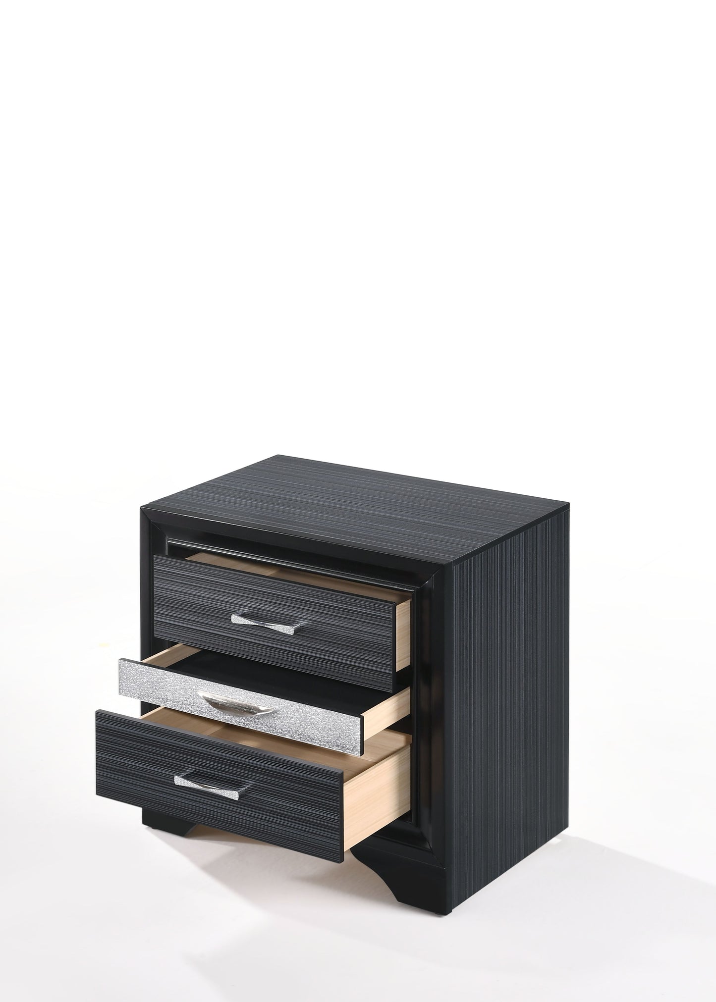 Sleek black bedside table with three drawers featuring silver accents and metallic handles