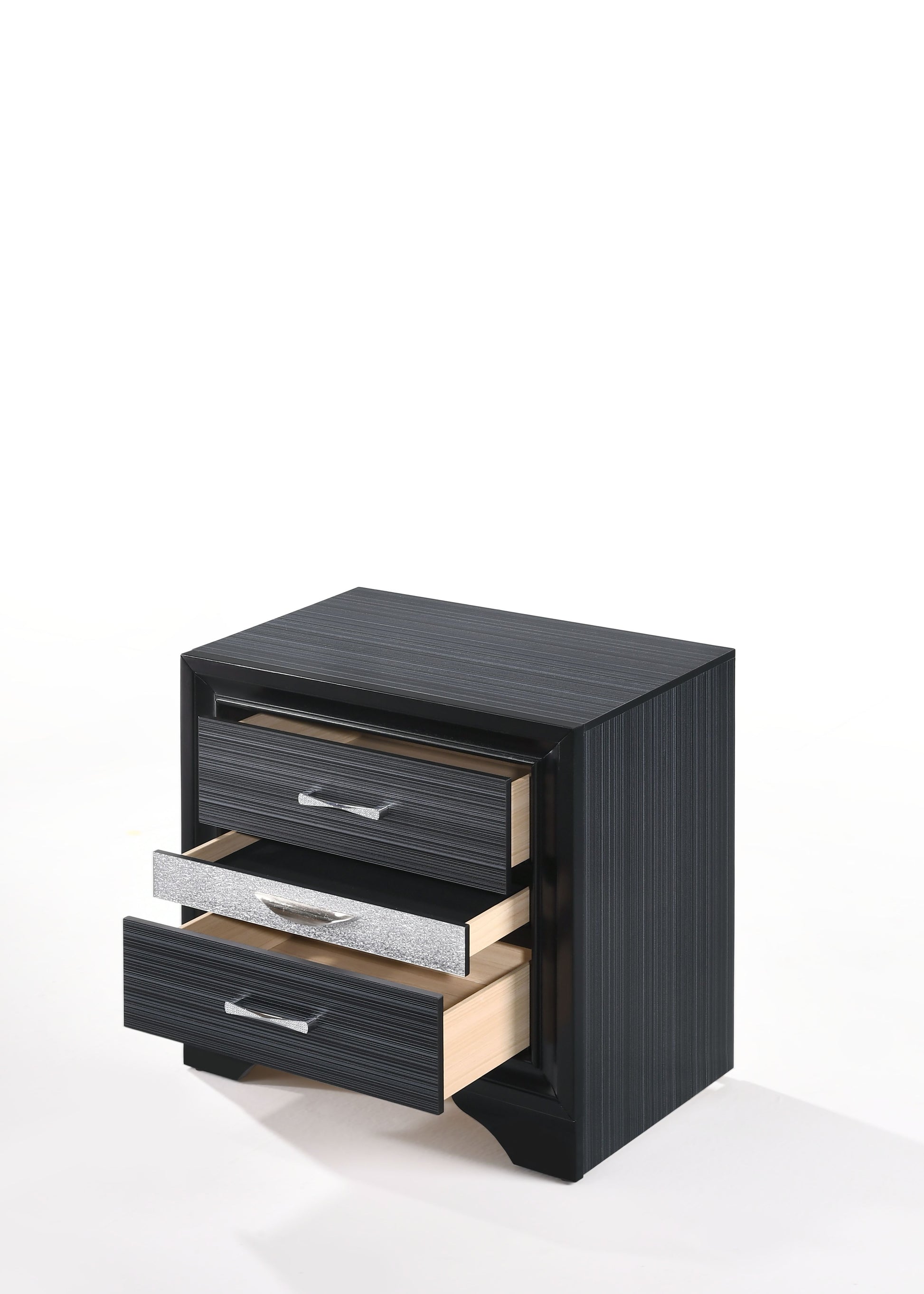 Sleek black bedside table with three drawers featuring silver accents and metallic handles