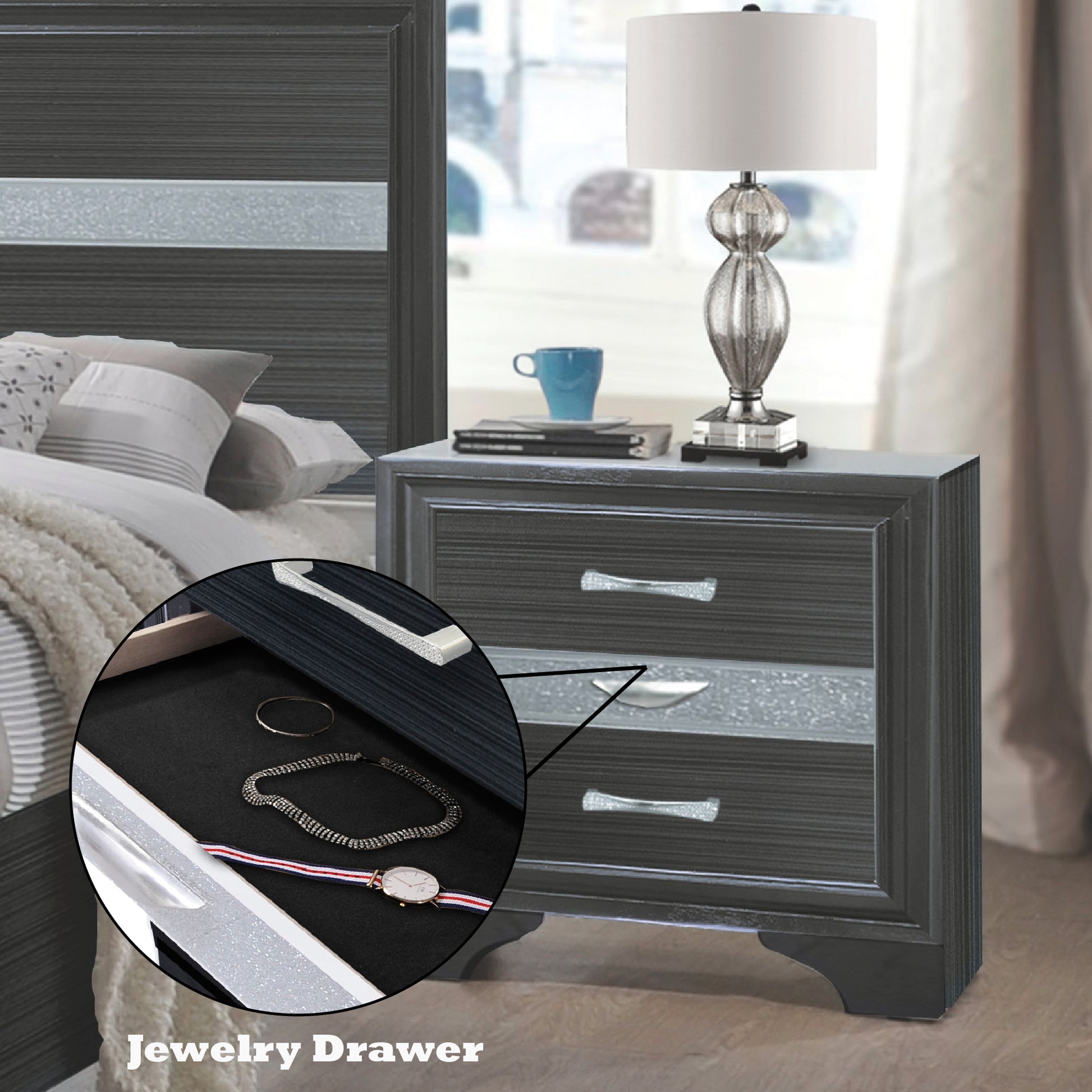 Gray wood bedside table with mirrored drawer fronts and crystal handles